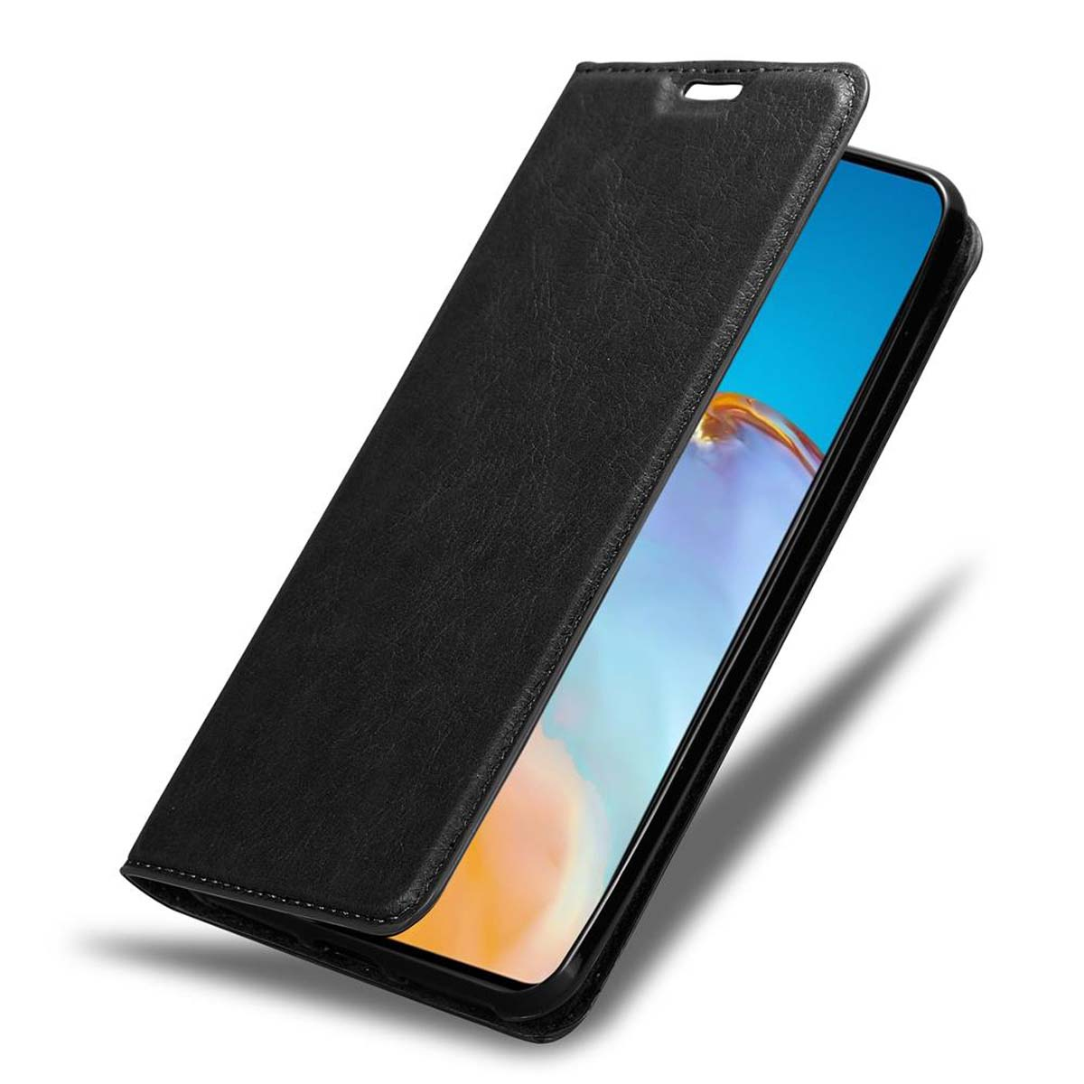 Schwarze Leder-Handyhülle, offen. Das Telefon ist mit einem blauen Bildschirm sichtbar. Der Hintergrund ist weiß.
