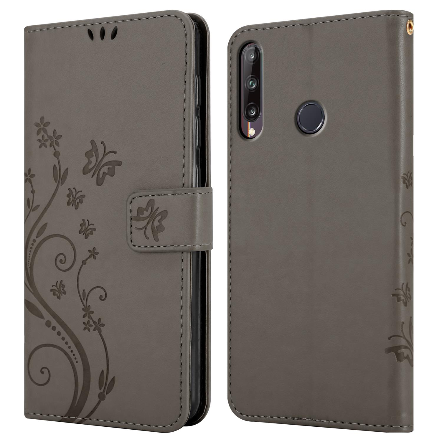 Custodia grigia per telefono con design floreale e farfalle. Vista aperta e chiusa.