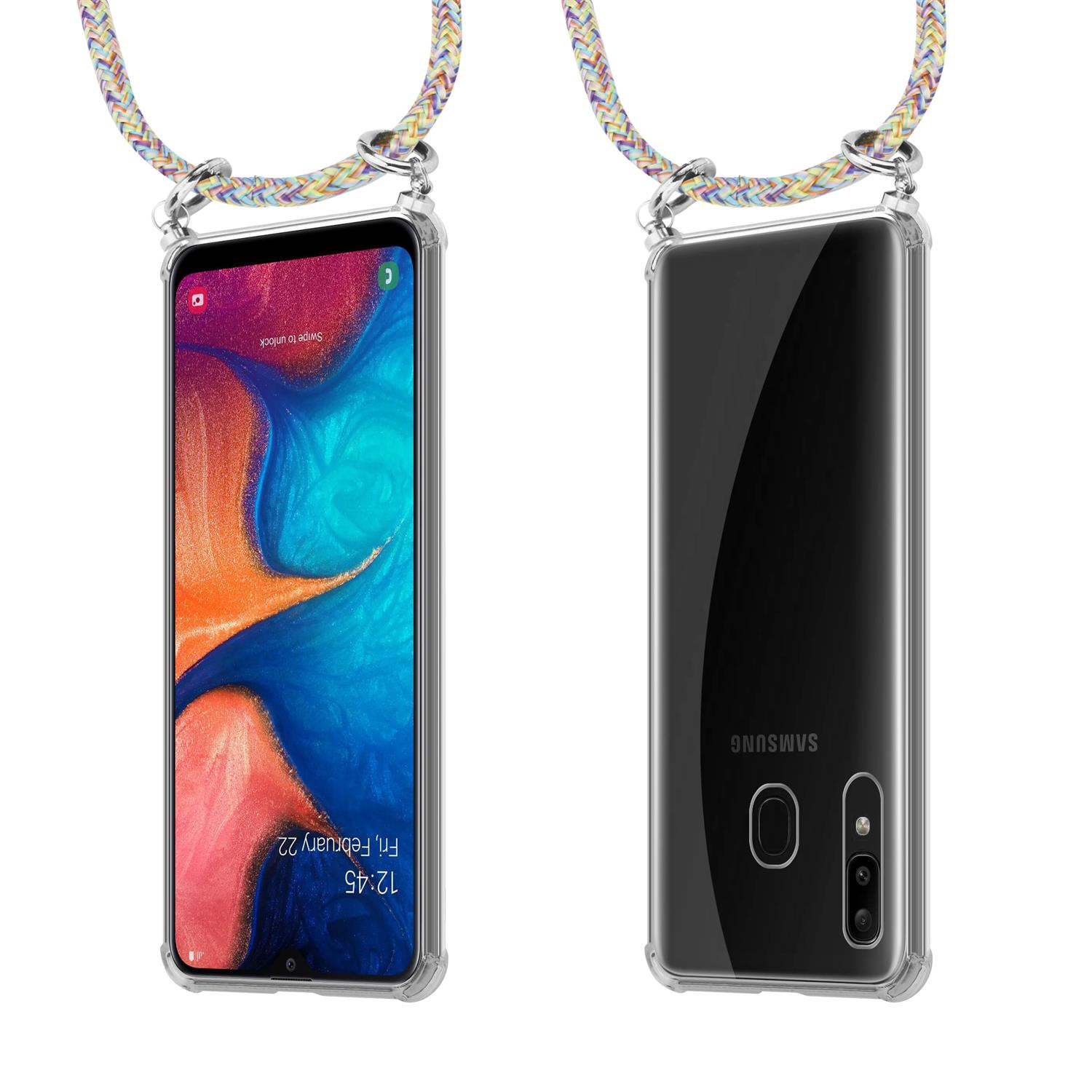 Due telefoni in custodie trasparenti con cinturino colorato. Un telefono mostra schermo.