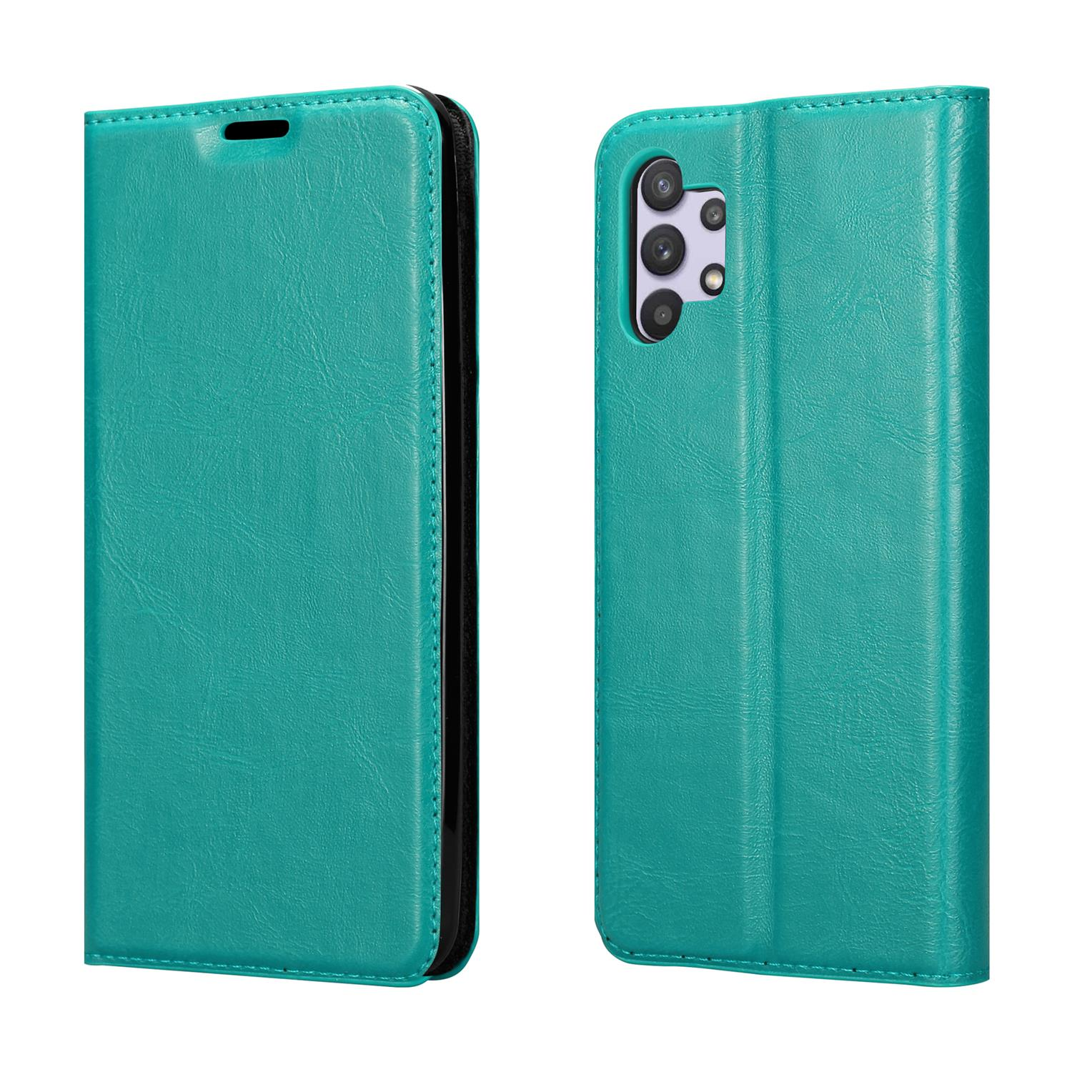 Custodia per telefono in pelle verde acqua aperta e chiusa. Mostra il retro con la fotocamera.
