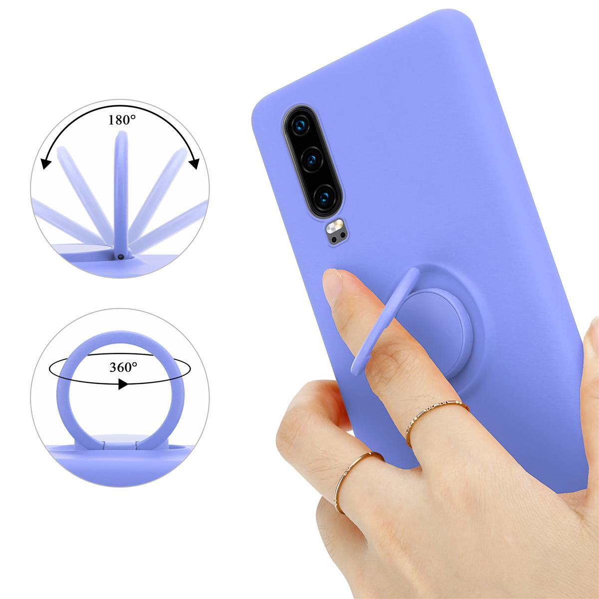 Ein lila Telefon mit Ringständer und Hand, die den Ständer hält. Pfeile zeigen 180 und 360 Grad Bewegung.