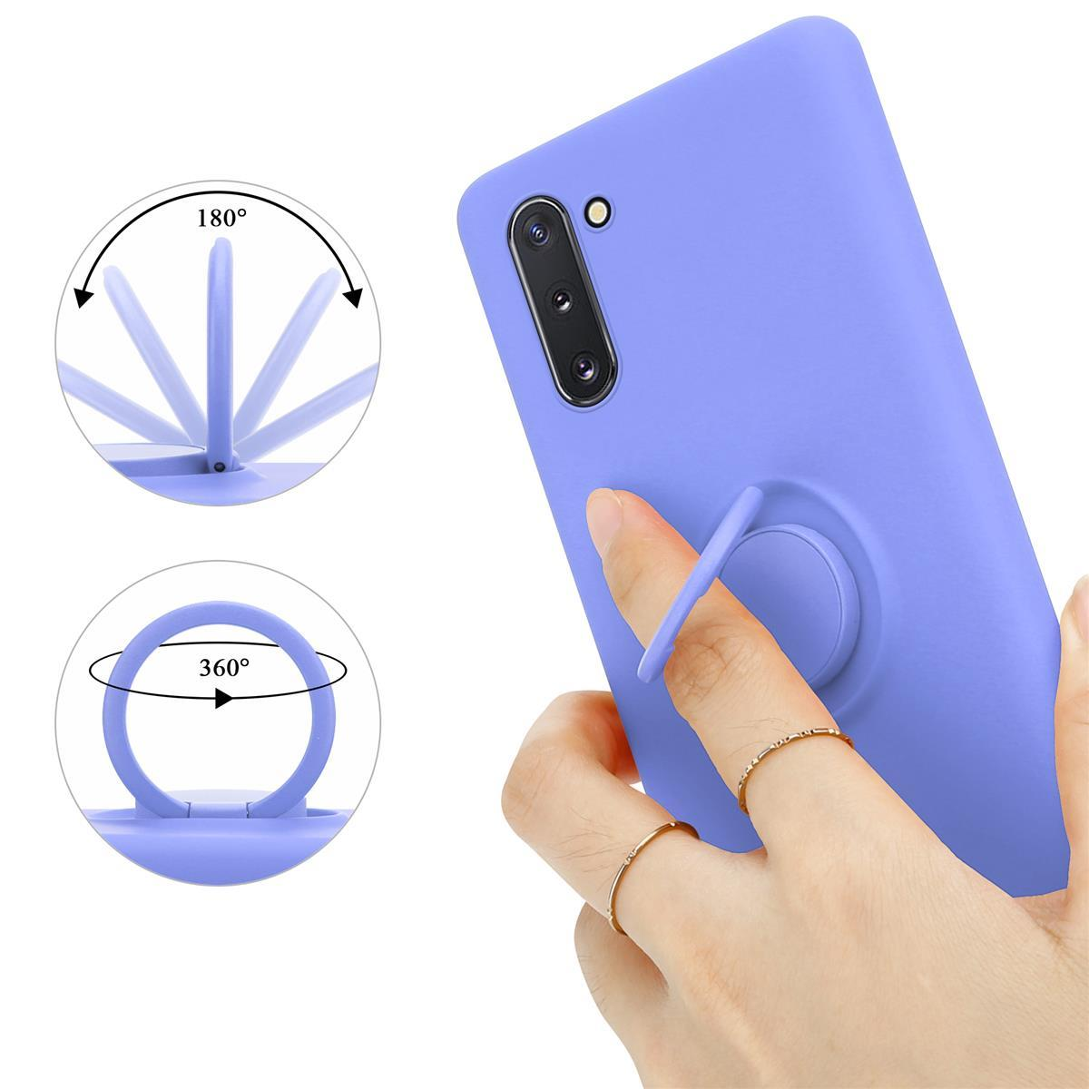 Lila Handyhülle mit Ringhalter, Hand mit Ring, zwei Pfeile zeigen 180 und 360 Grad.