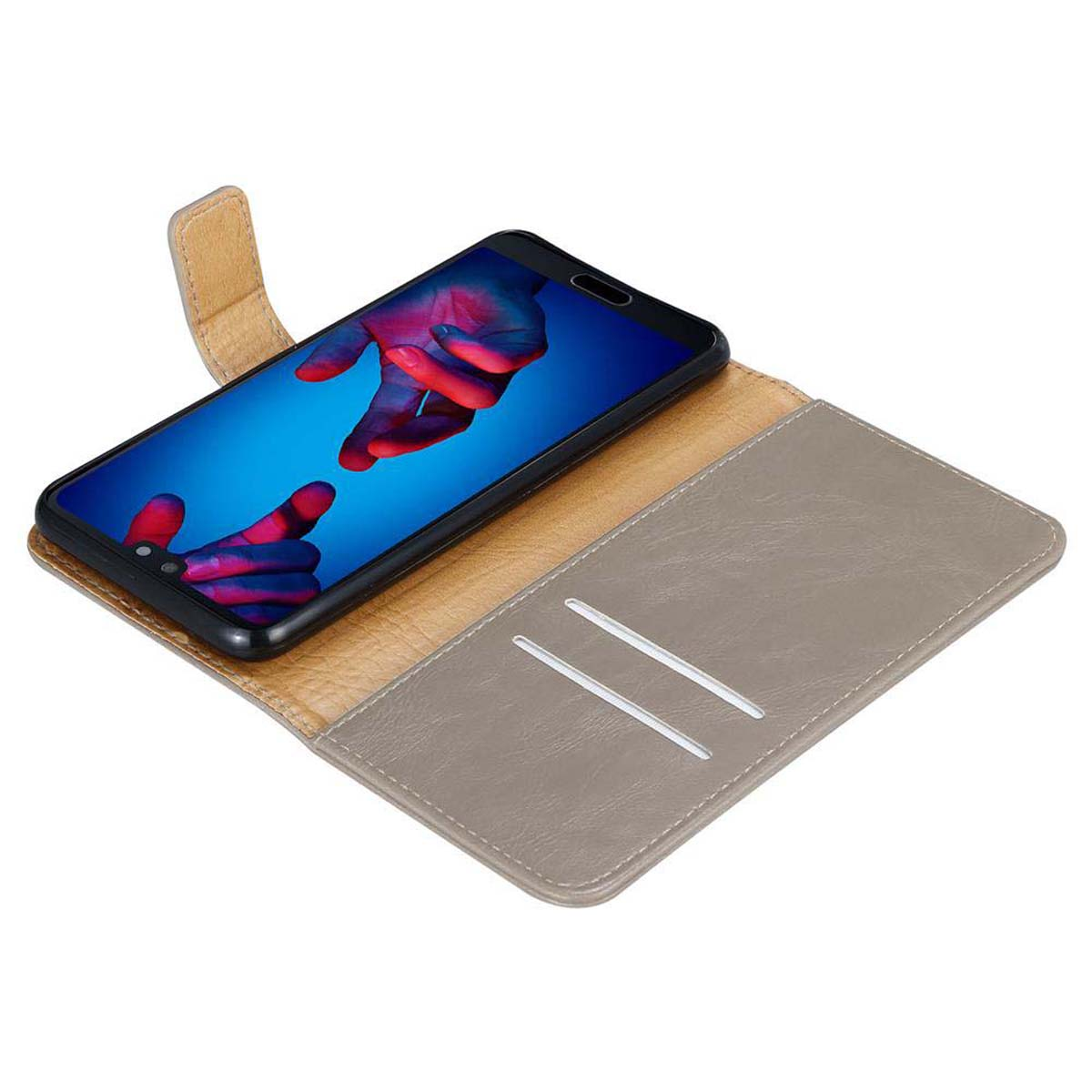 Un telefono in una custodia marrone. La custodia è aperta e mostra uno schermo con un'immagine di mani. La custodia ha uno slot per schede.