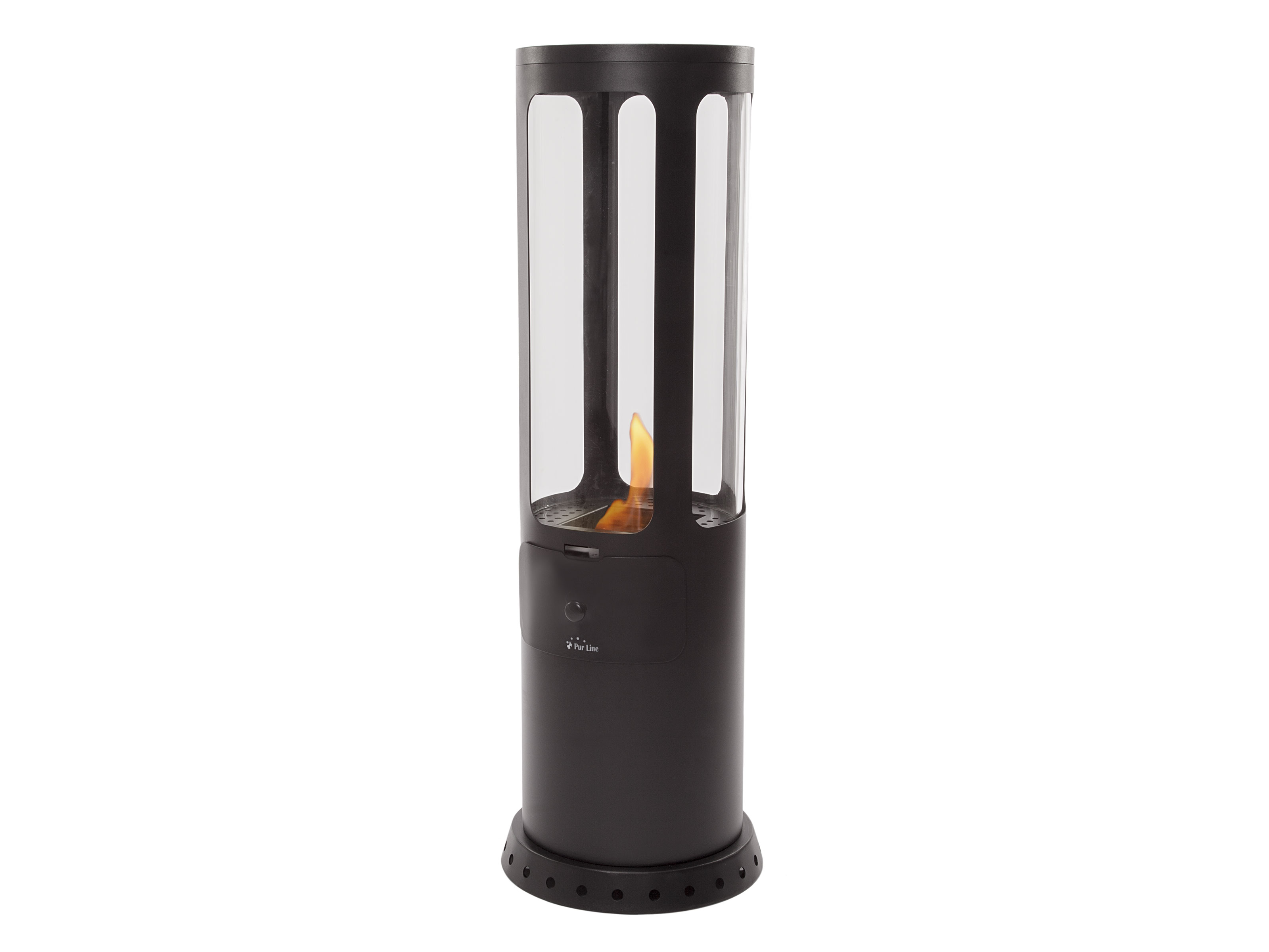 Hoguera exterior cilíndrica negra. Tiene un tubo de vidrio y una llama en el interior.