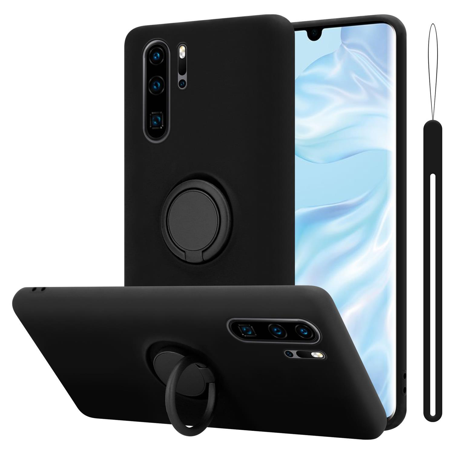 Custodie per telefono nere, una con supporto ad anello. I telefoni hanno più fotocamere e un anello per tenere.