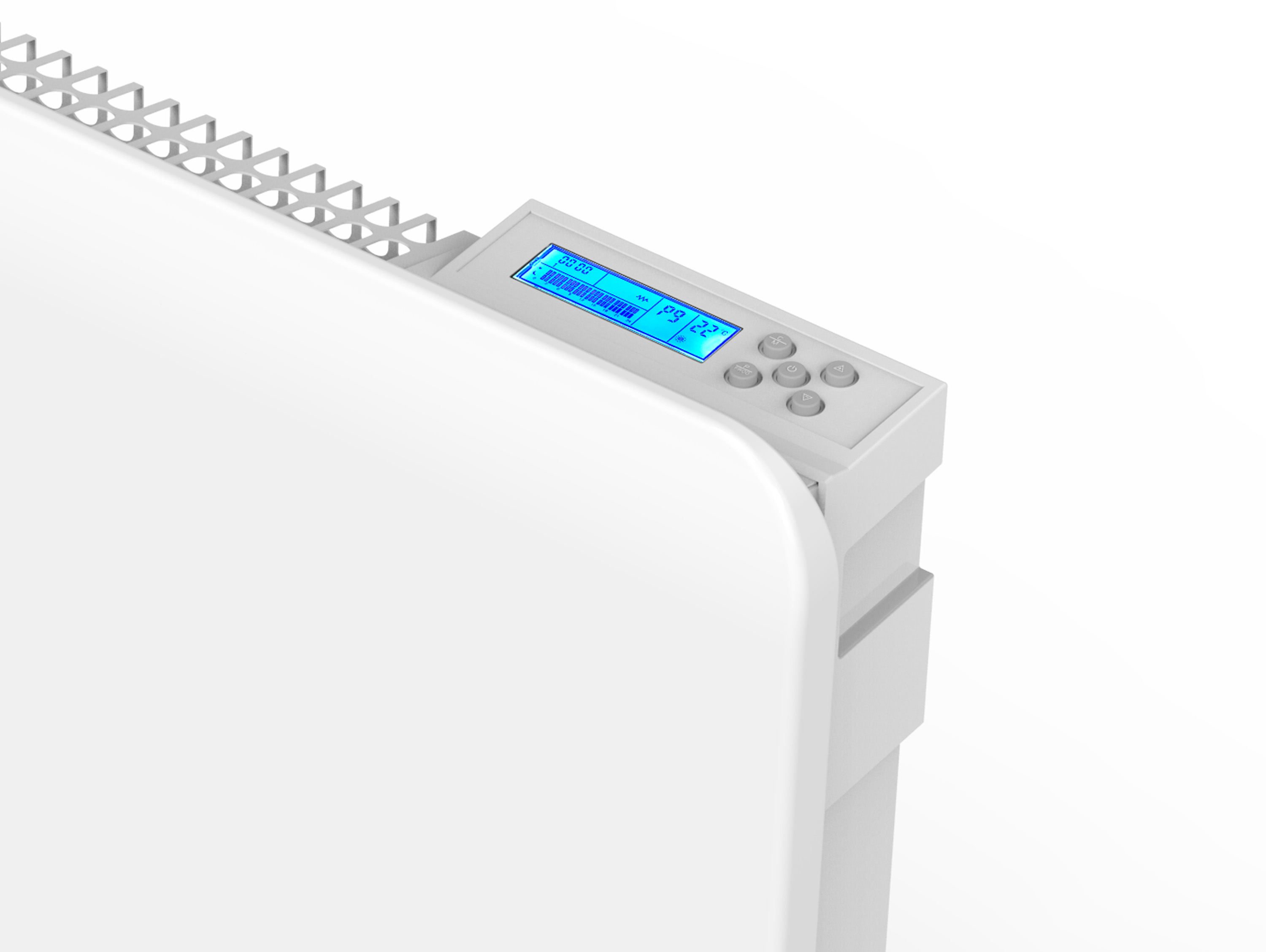 Calentador eléctrico blanco con pantalla digital y botones. La pantalla muestra números.