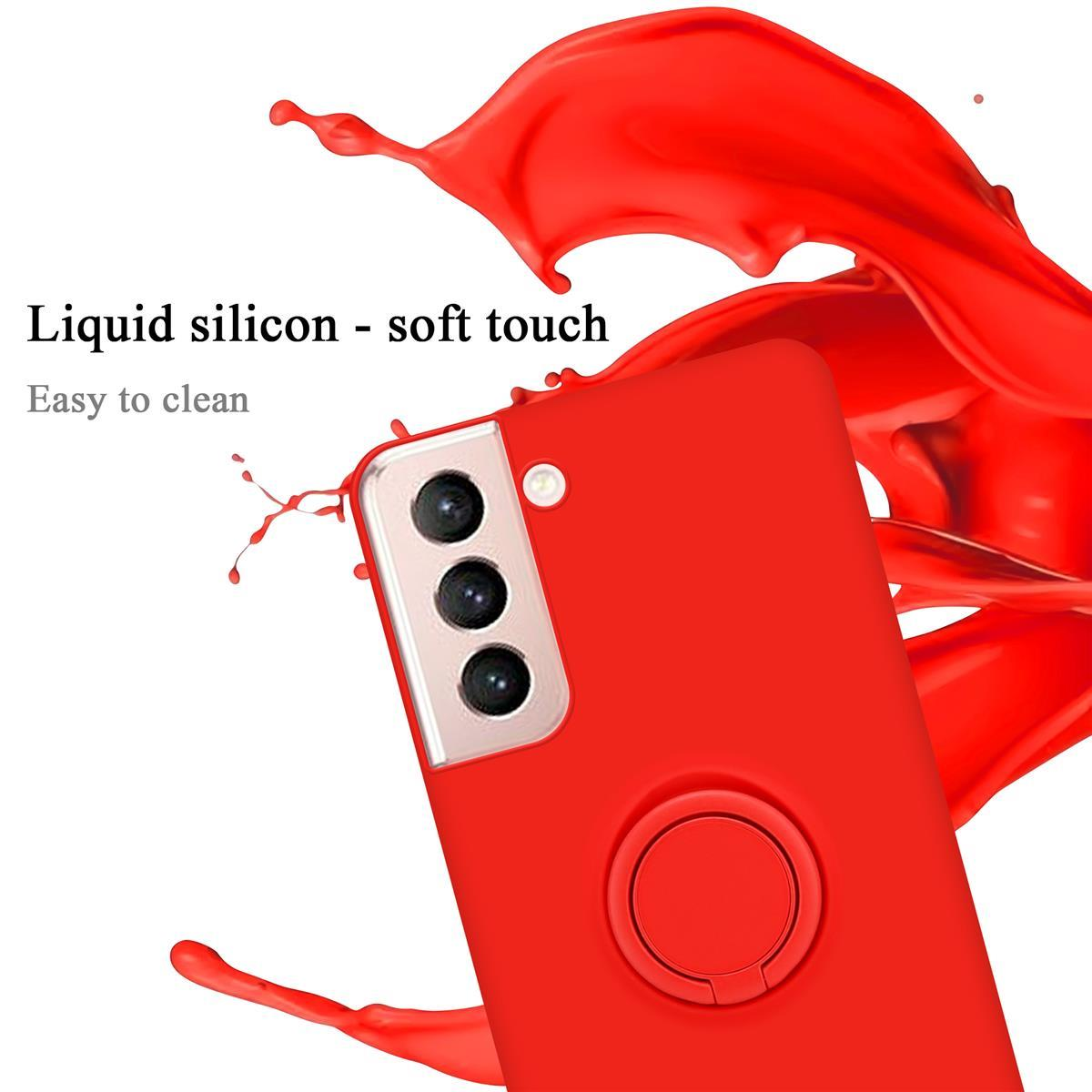 Custodia rossa con anello e effetto liquido rosso dietro.
