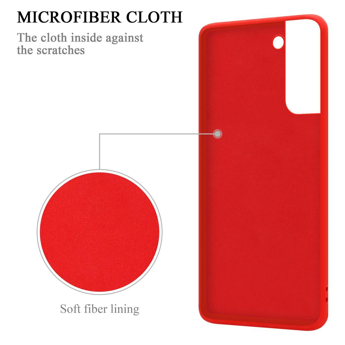 Custodia rossa per telefono con dettaglio in microfibra. Testo indica rivestimento in fibra morbida.