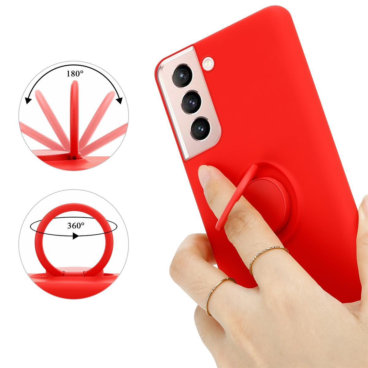 Custodia rossa per telefono con supporto ad anello. L'anello è ruotato di 180 e 360 gradi.