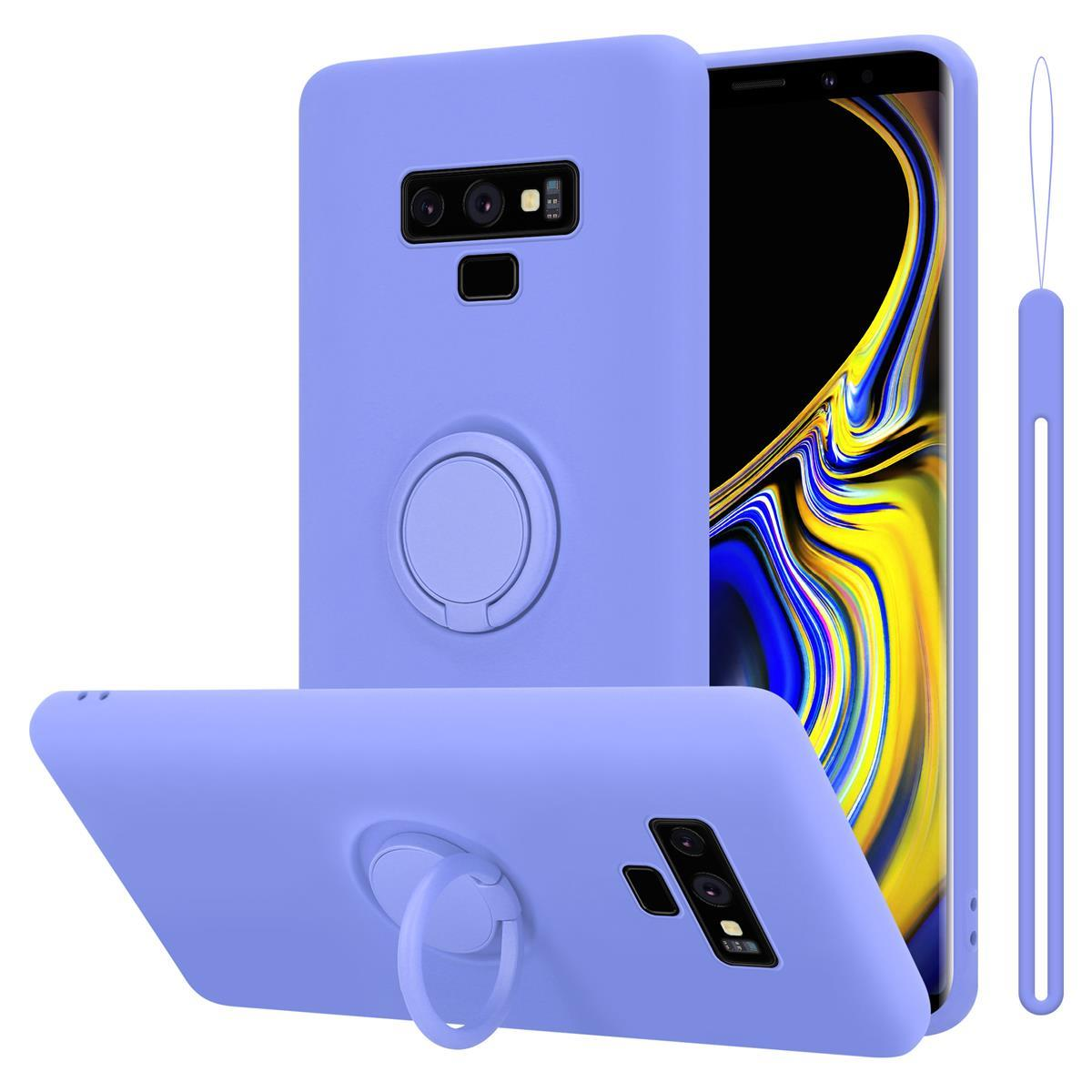 Custodie viola con anello. Telefono nero al centro. Sfondo bianco.