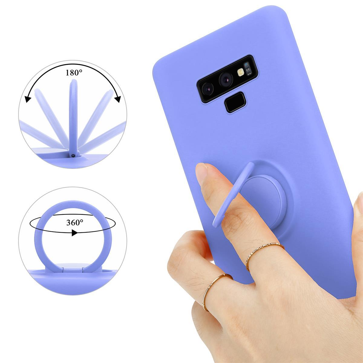 Custodia lilla per telefono con supporto ad anello, mostrata in uso. Sfondo: bianco, diagrammi mostrano il movimento dell'anello.