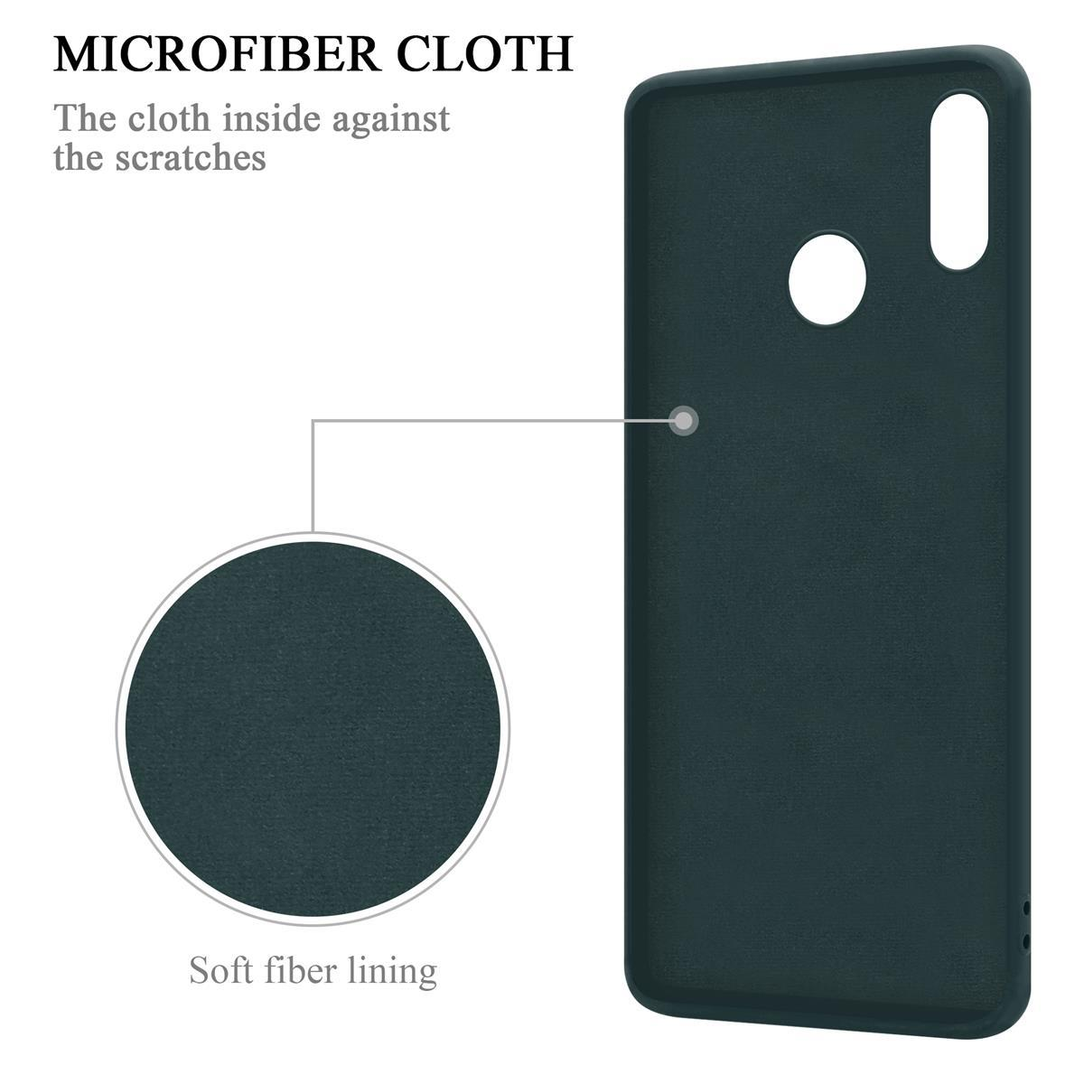 Una custodia per telefono verde scuro con un panno in microfibra e una fodera in fibra morbida, con testo che la descrive.