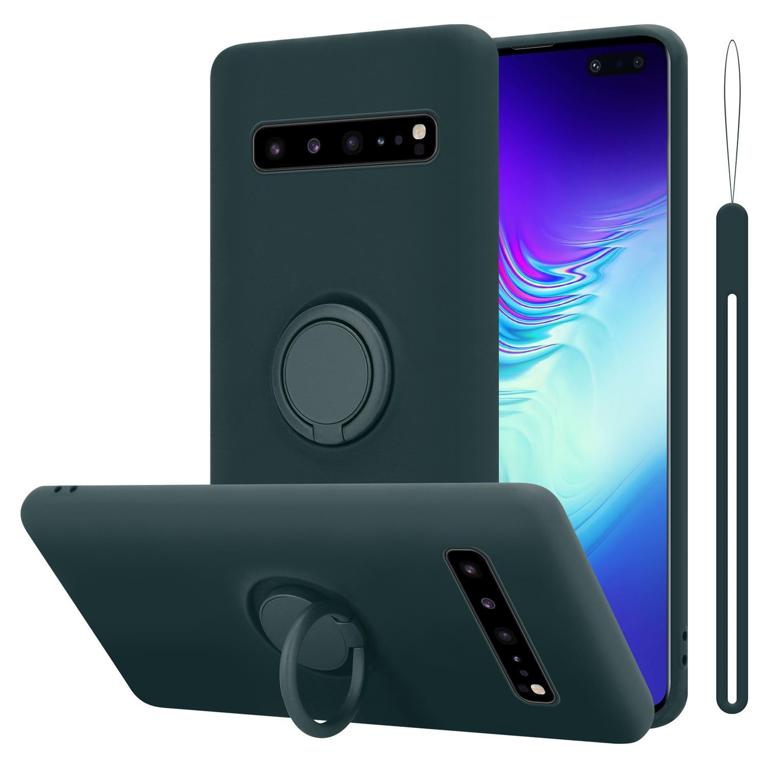 Custodia per telefono con anello. Verde scuro. Telefono e cinturino laterale.