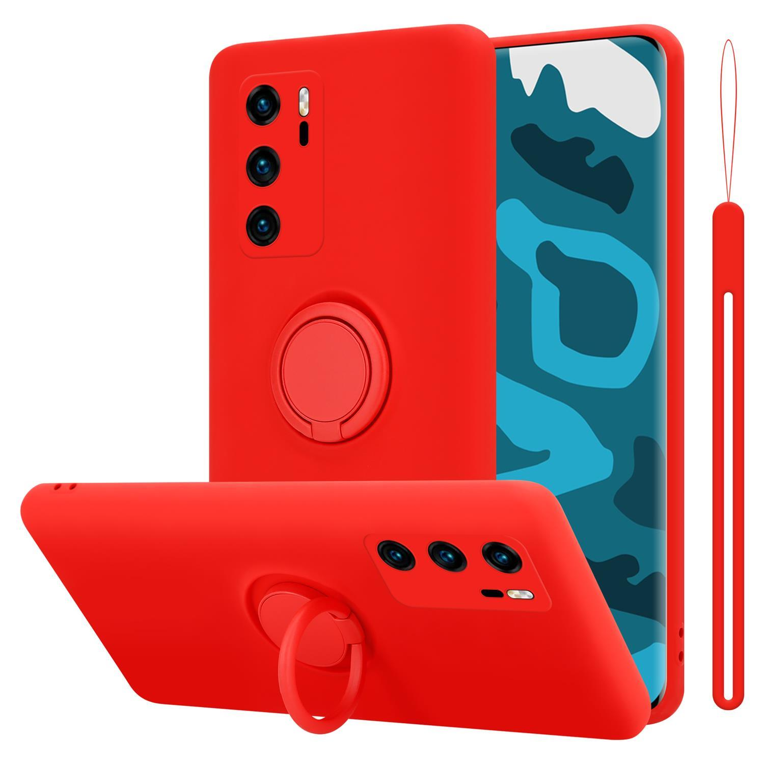 Custodia rossa con supporto ad anello. Telefono visibile a destra. Cinturino rosso. Tre angolazioni.