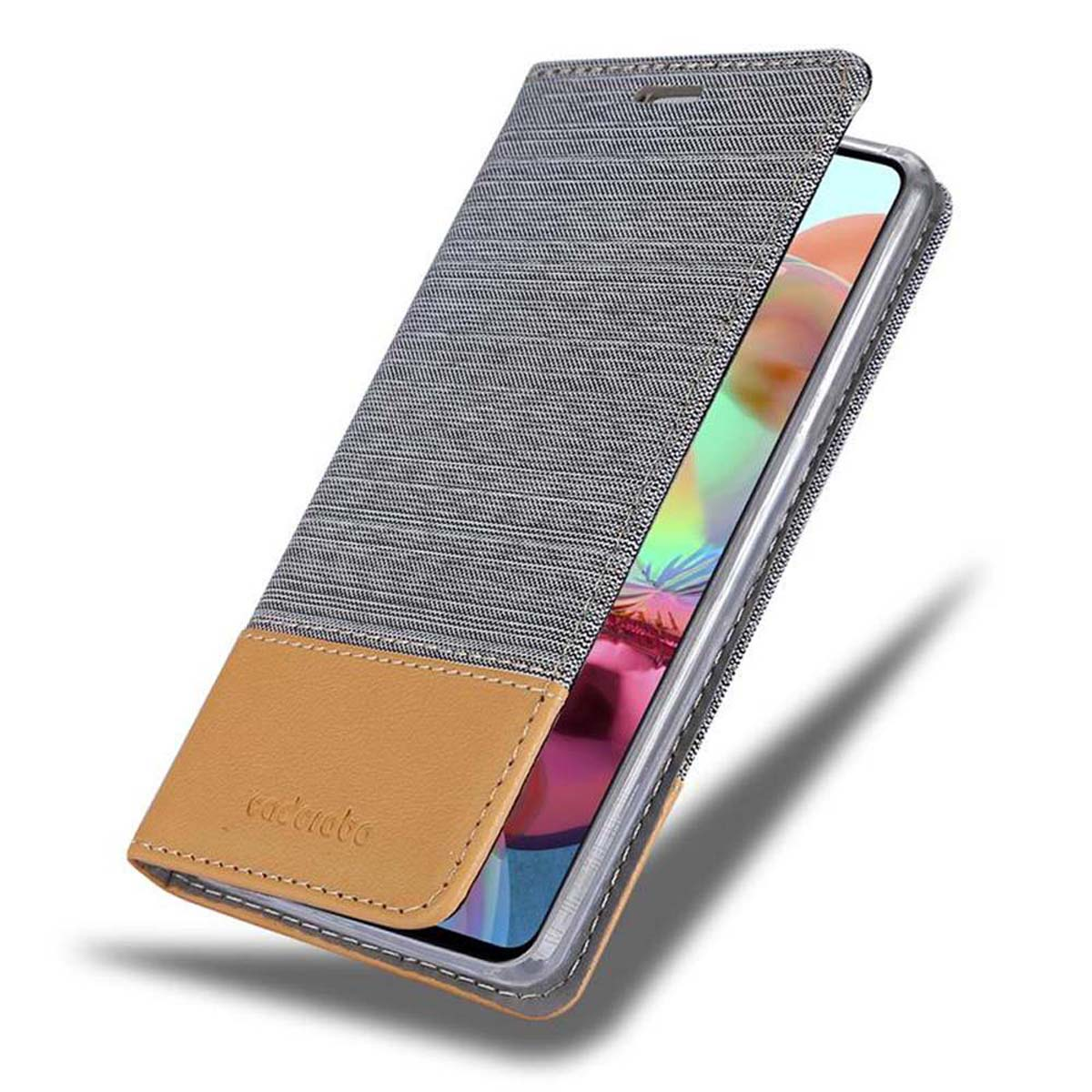Custodia per telefono: parte superiore in tessuto grigio, fondo in pelle marrone, aperta, che mostra lo schermo del telefono.