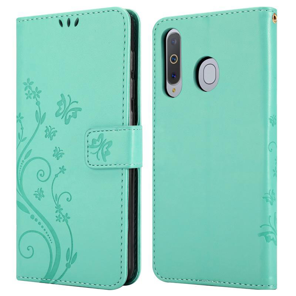 Custodia per telefono turchese con design a farfalla e floreale, aperta e chiusa, con chiusura a bottone.