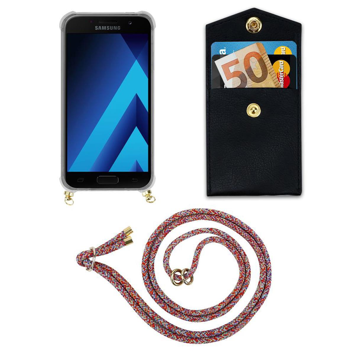 Telefon mit farbenfrohem Kabel, schwarzer Hülle und Kreditkarte. 50-Euro-Schein. Schwarze Hülle mit goldenem Knopf.