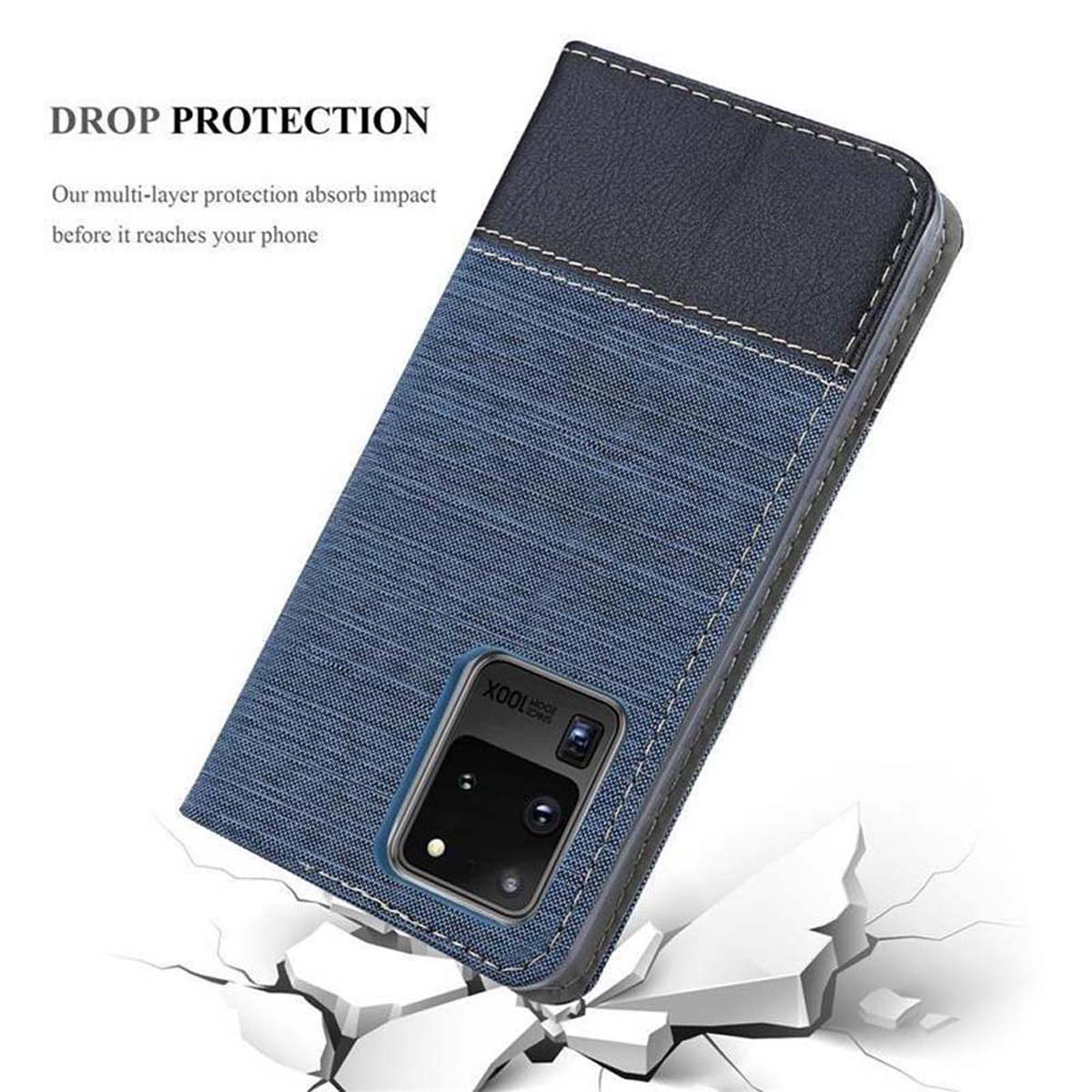 Una custodia per telefono con texture denim blu e copertura superiore nera similpelle, cuciture bianche e fotocamera visibile.