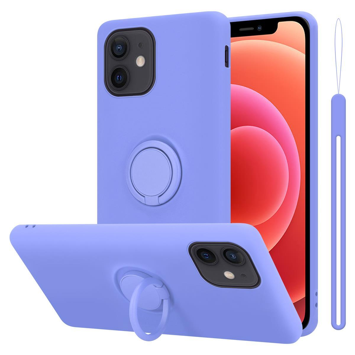 Custodia blu chiaro con supporto ad anello, due viste, con telefono che mostra schermo arancione.