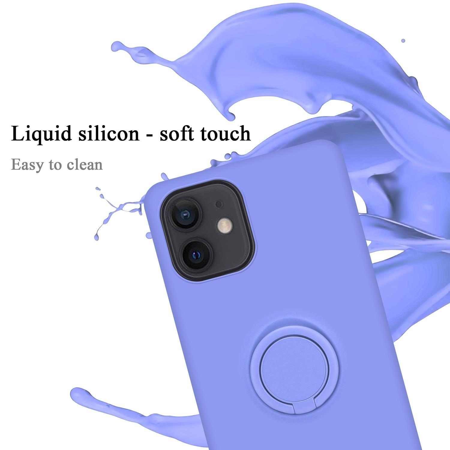 Una custodia per telefono viola con un supporto ad anello. Uno schizzo di liquido viola circonda la custodia.