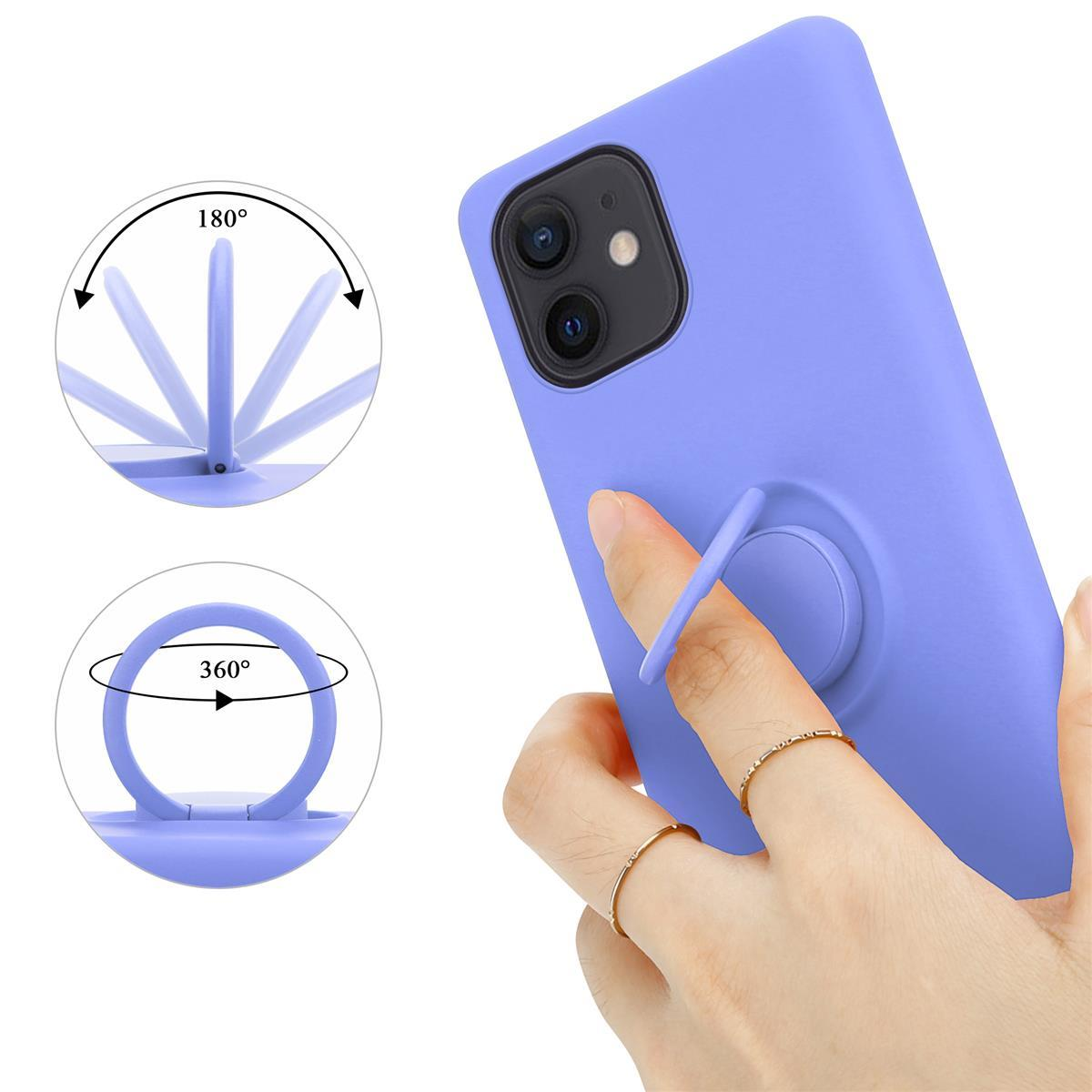 Una custodia per telefono lilla con un supporto ad anello, mostrato in diverse posizioni.