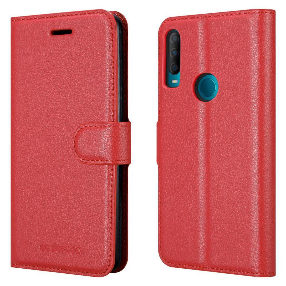 Rotes Handy-Brieftaschenetui, geschlossen und offen, Telefondetails sichtbar.