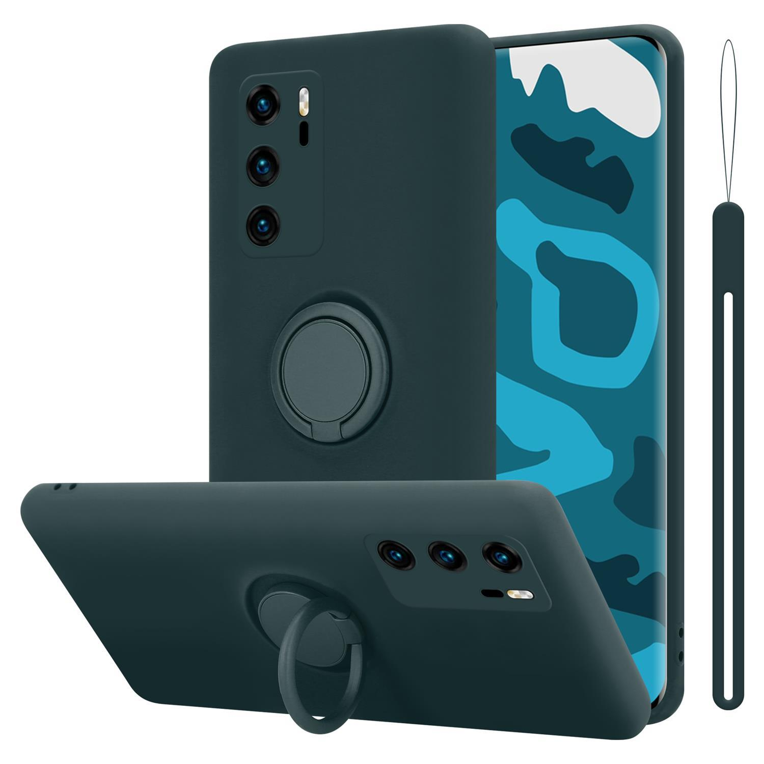 Custodia per telefono verde scuro con tre fotocamere, un porta anello e un cordino. Lo schermo del telefono è visibile.
