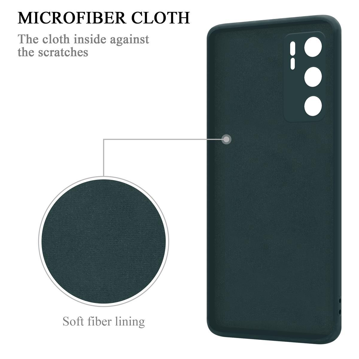Primo piano di una custodia per telefono verde scuro con illustrazione in microfibra. Fodera in fibra morbida.