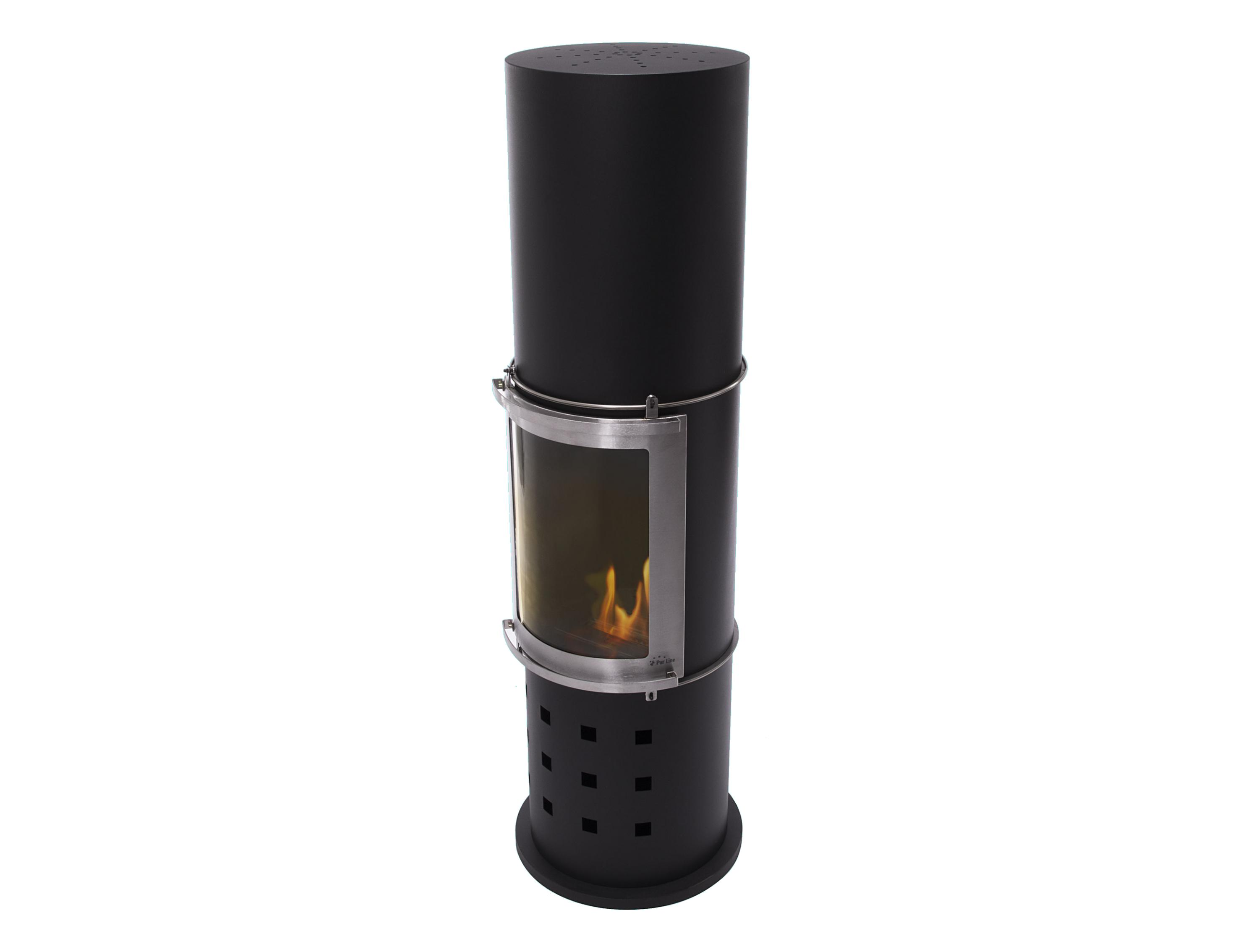Una chimenea negra moderna. Tiene forma cilíndrica y una puerta de vidrio.