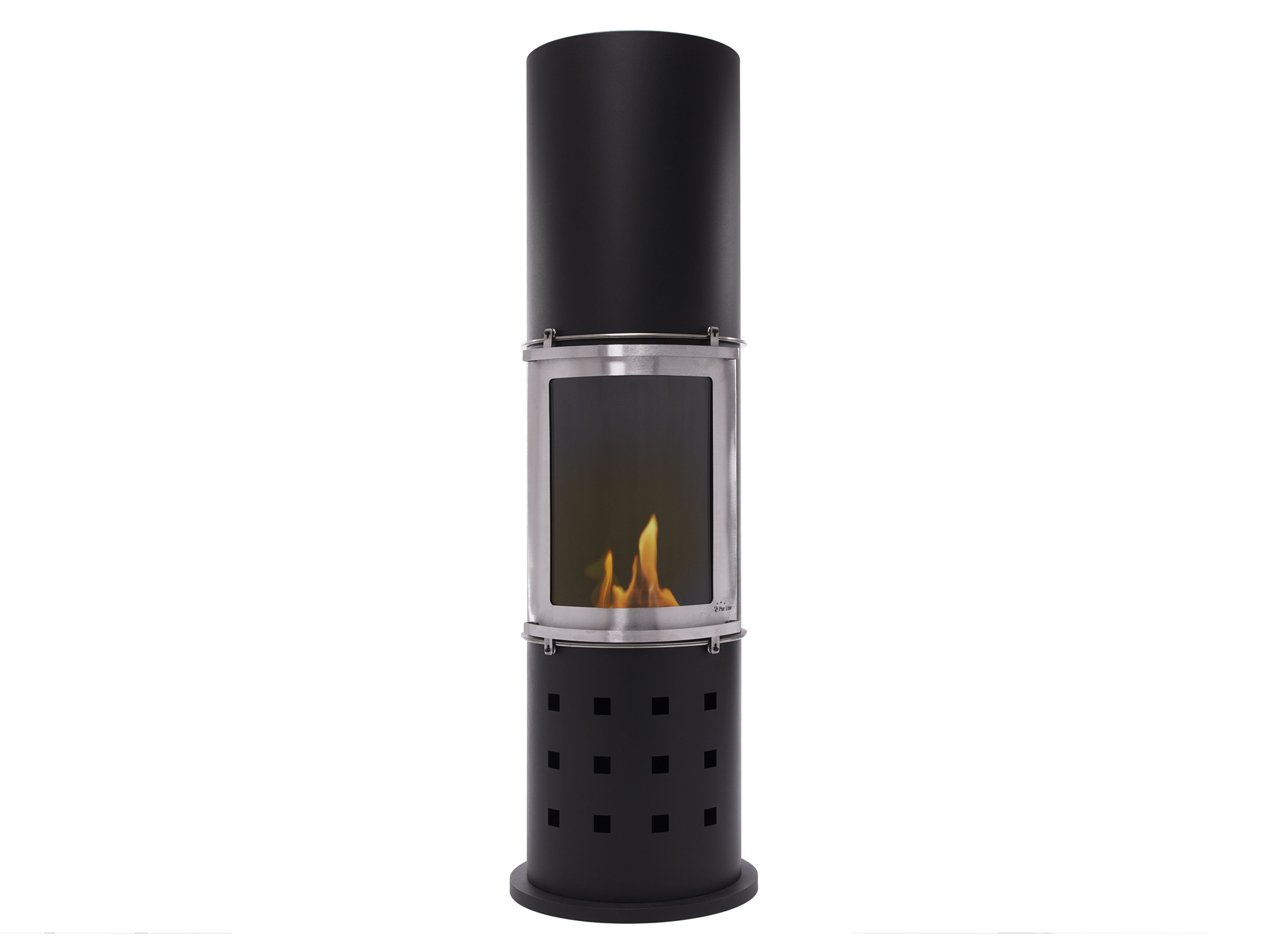 Chimenea moderna, cilíndrica, negra, con llamas visibles a través del vidrio.