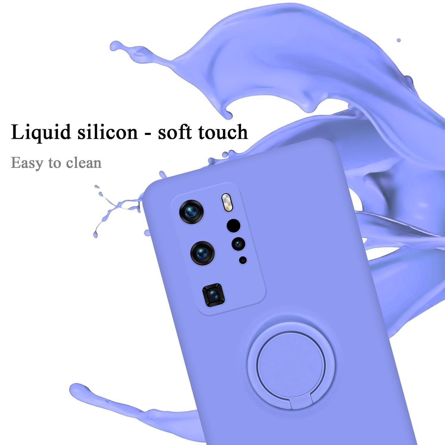 Custodia viola con anello, schizzo di liquido viola sullo sfondo.