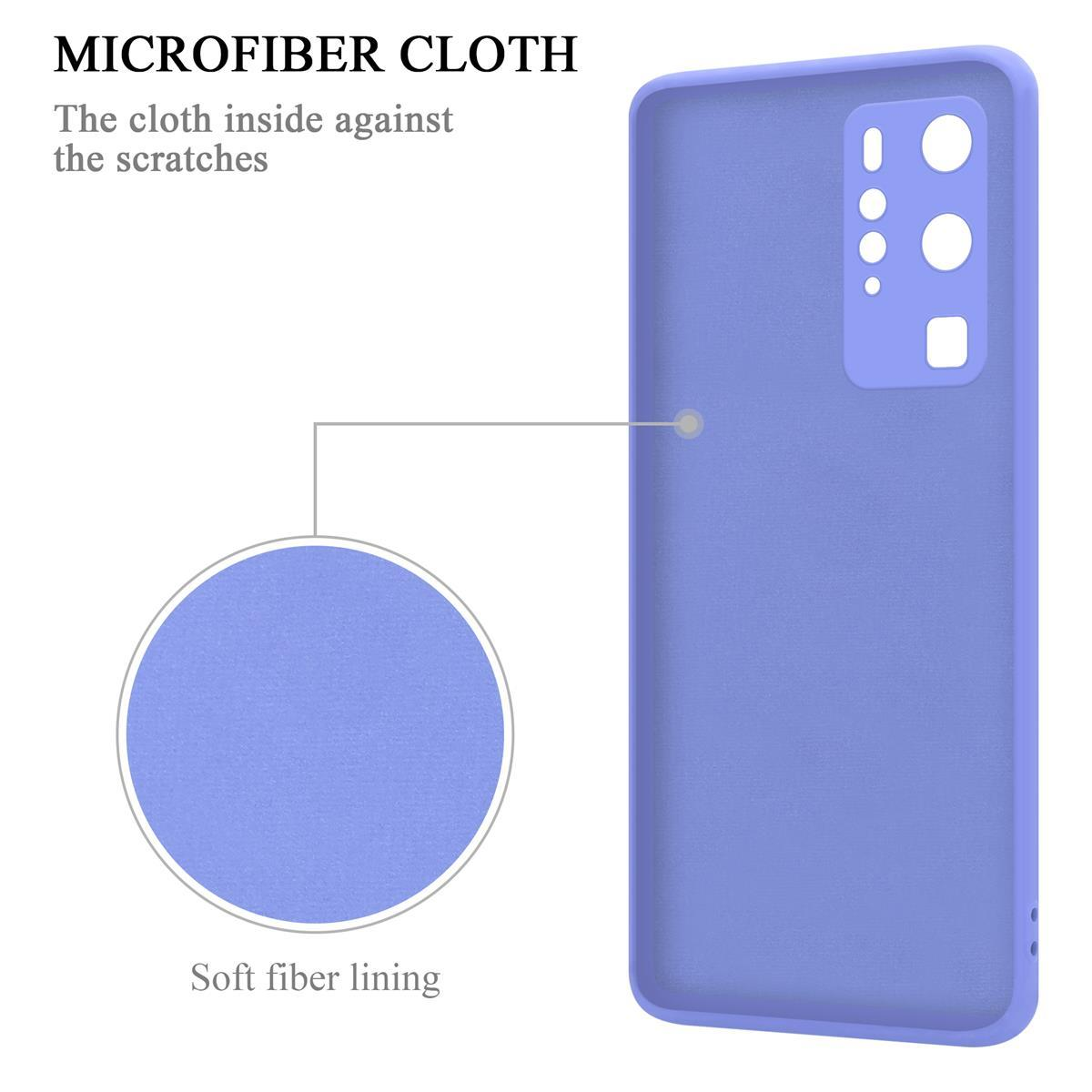 Una custodia per telefono con una morbida fodera in microfibra, con un diagramma che mostra un primo piano del materiale della fodera.