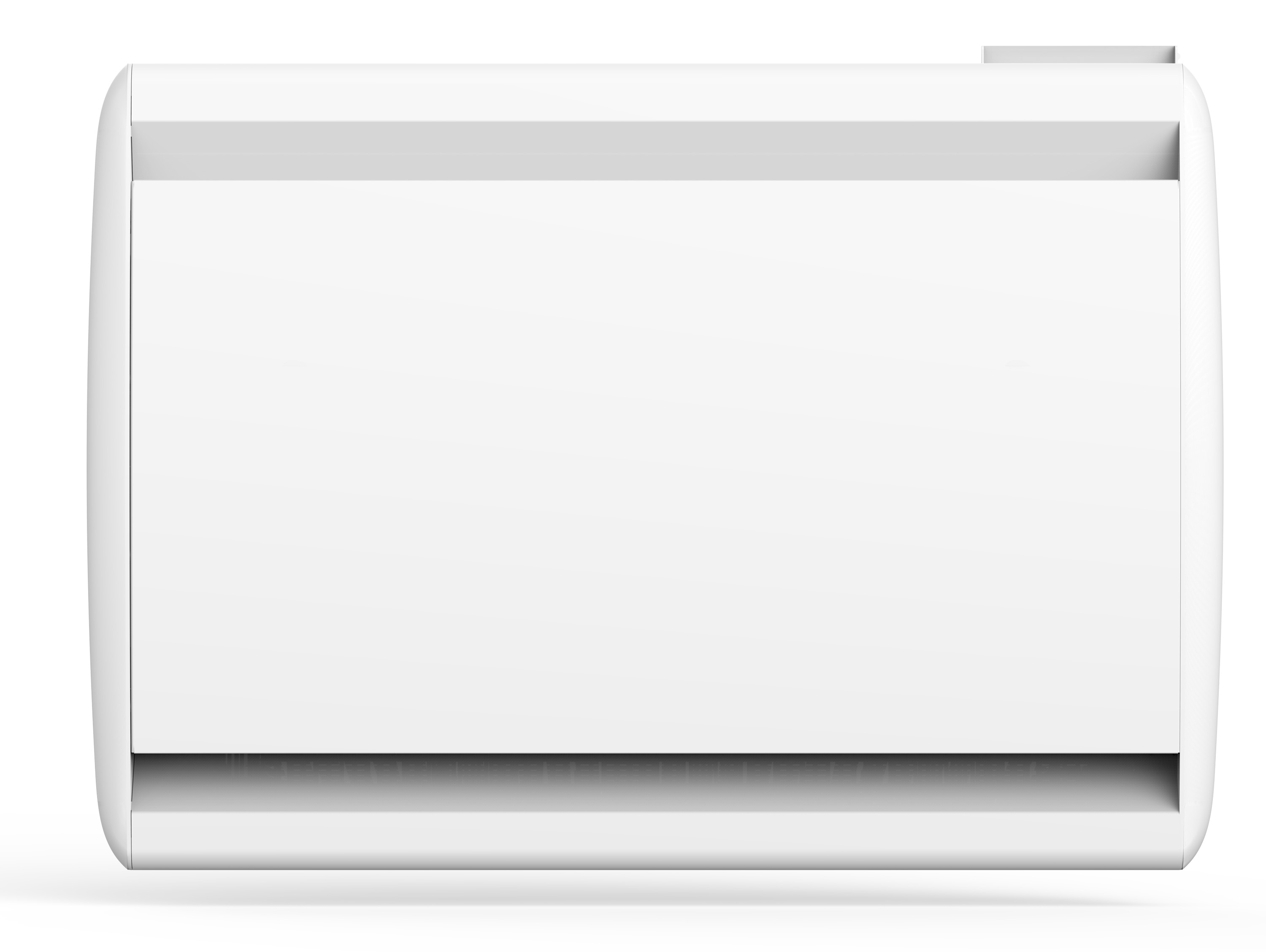 Objeto rectangular blanco con esquinas redondeadas, probablemente un acondicionador de aire o dispositivo similar.