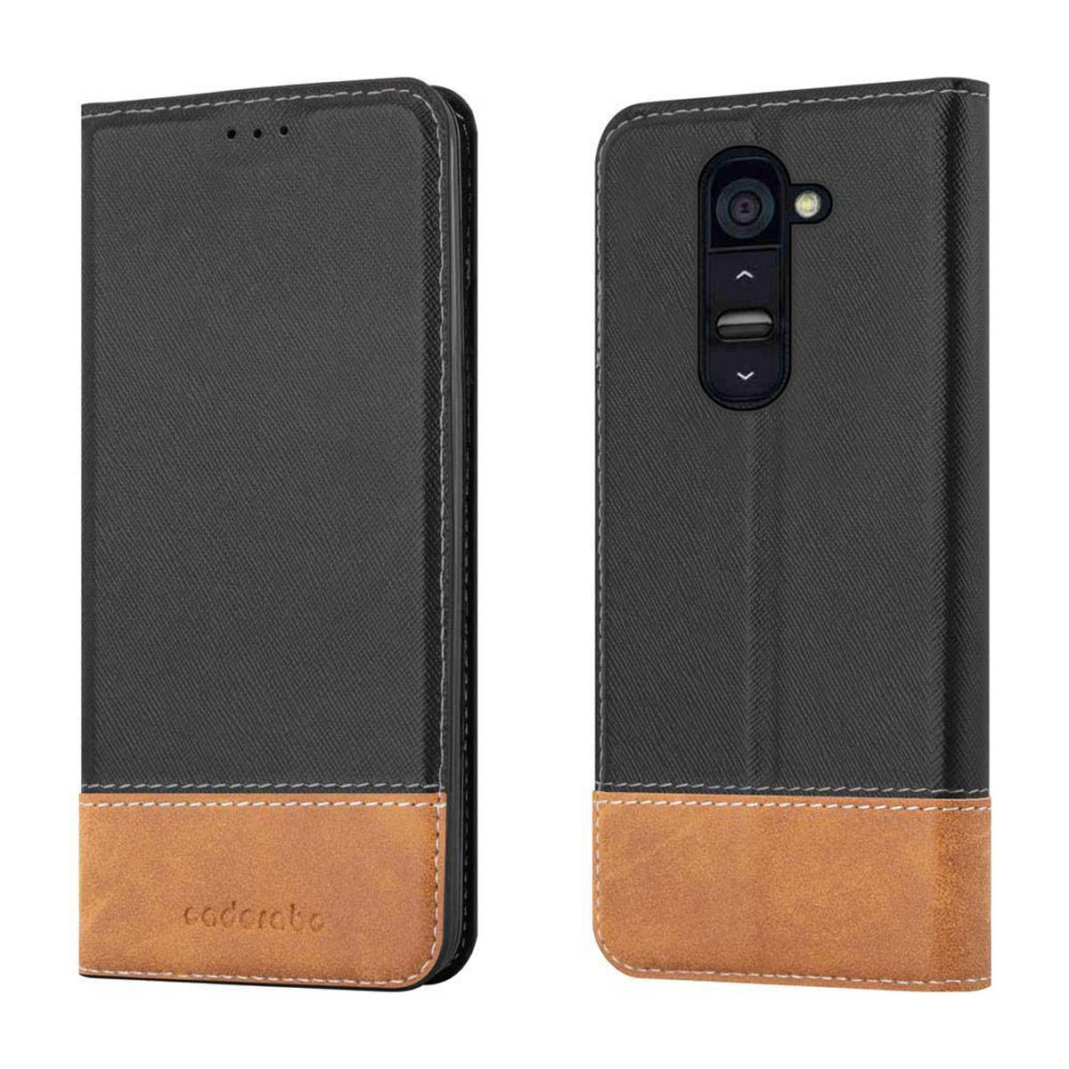 Étui de téléphone noir et marron, ouvert. Avec le logo Cadarabo.