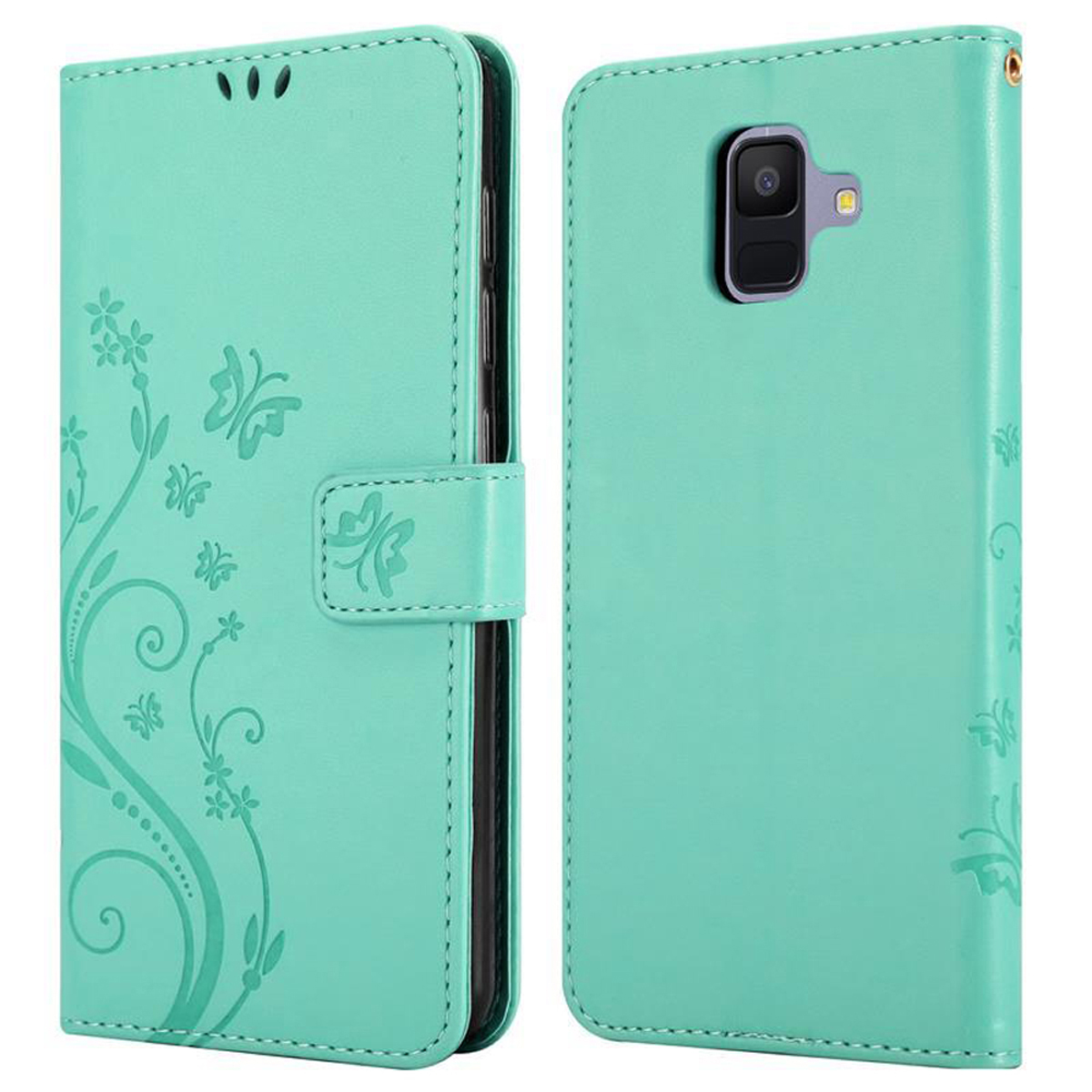 Custodia verde menta con design a farfalla, aperta mostra telefono all'interno.