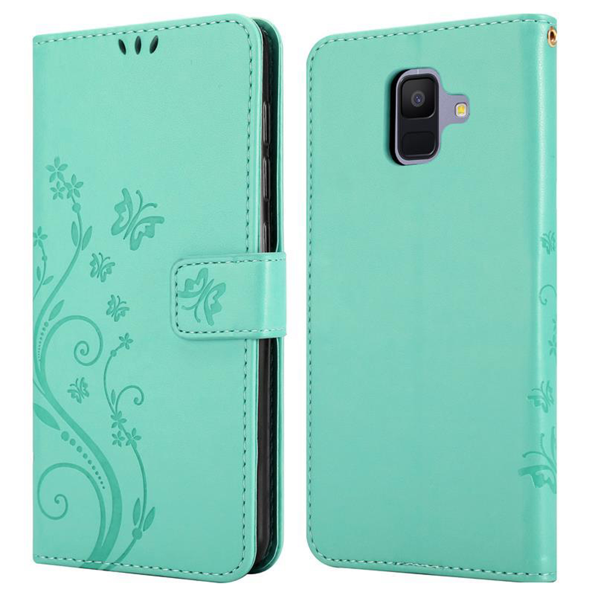 Custodia per telefono verde acqua, aperta e chiusa, con design floreale. La custodia ha una chiusura magnetica.