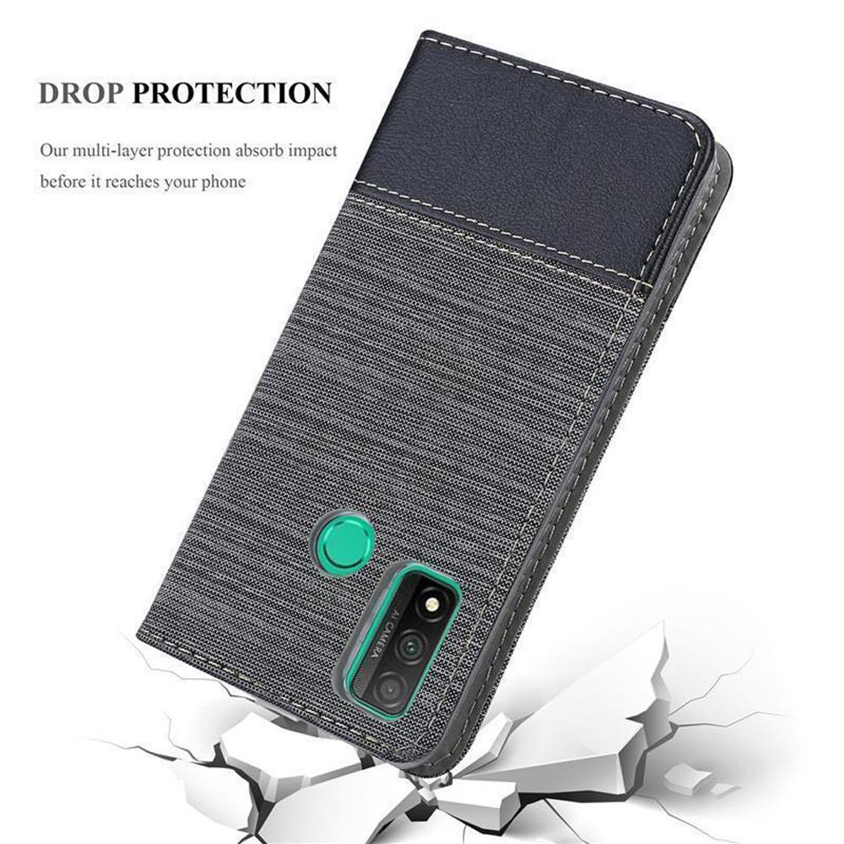 Custodia per telefono con design grigio e nero, testo Protezione dalle cadute. Sfondo bianco. Crepe in basso.