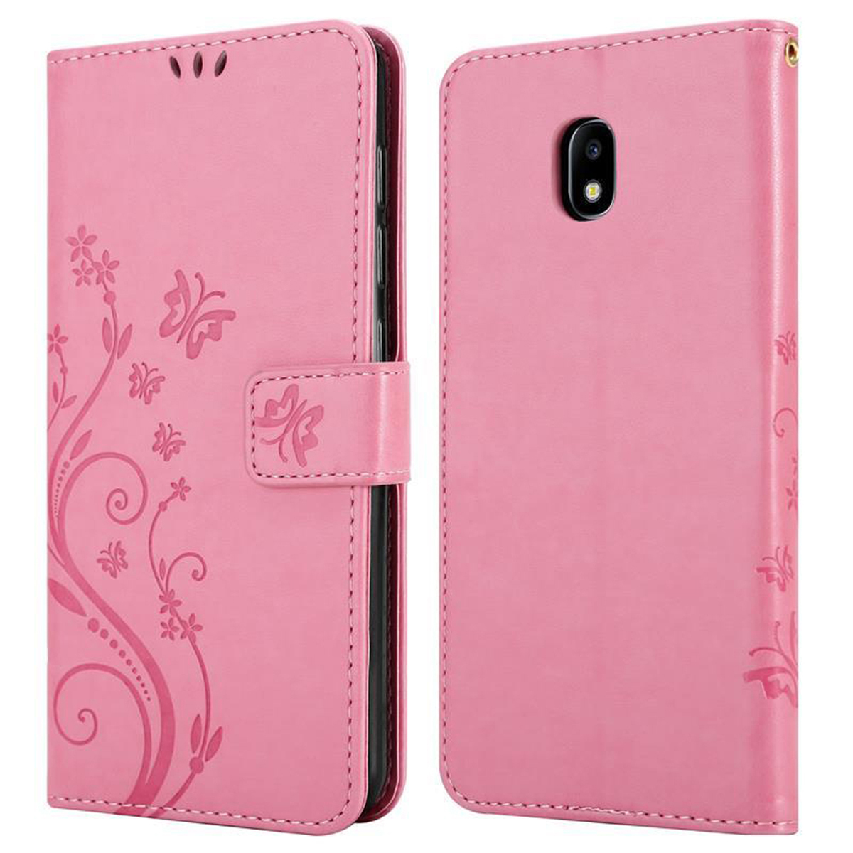 Custodia rosa per telefono con design a farfalla, chiusa. Il lato destro ha il foro della fotocamera.