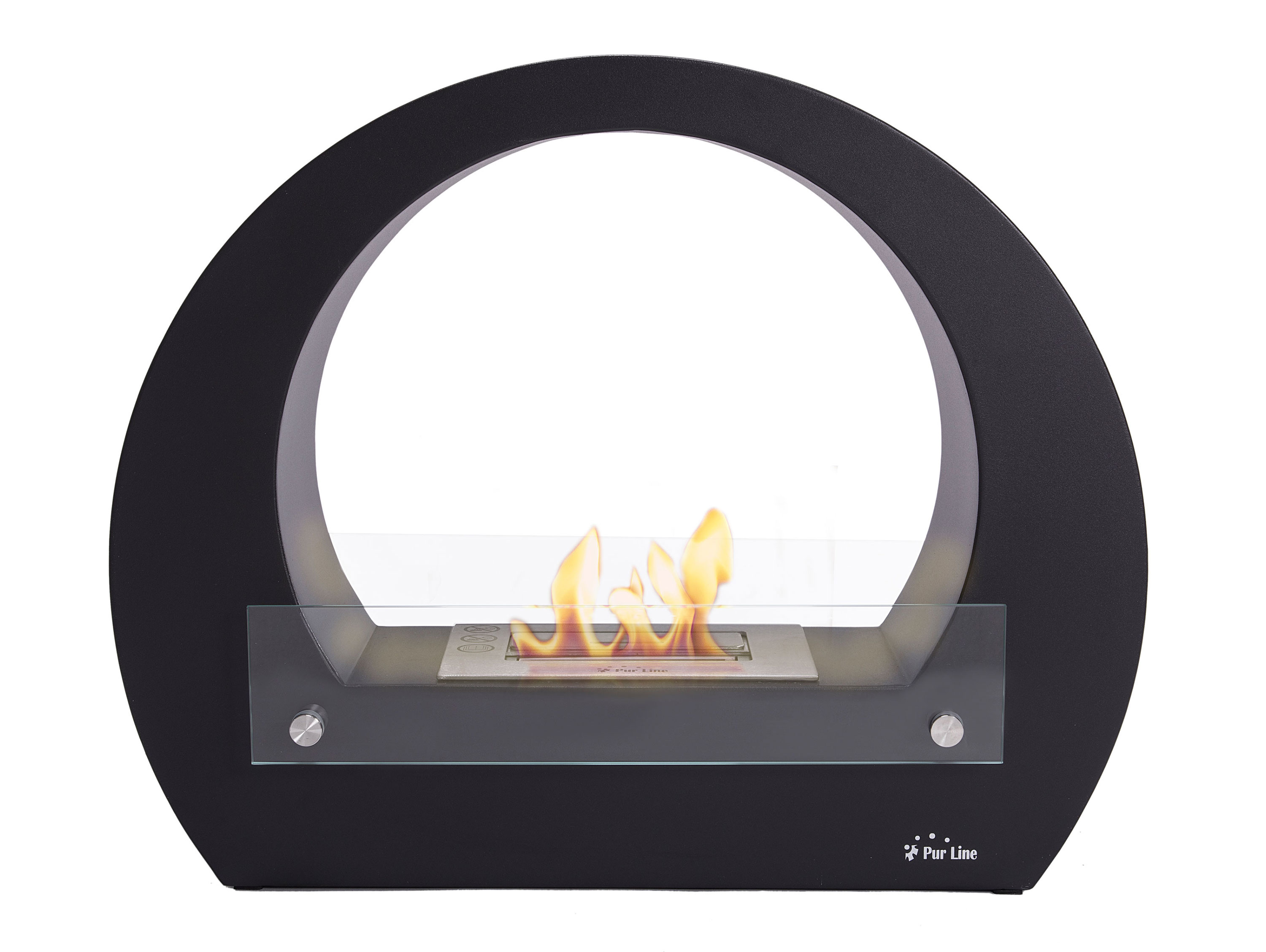 Chimenea de bioetanol negra, en forma de anillo, con llamas. Tiene un panel de vidrio frente al fuego.