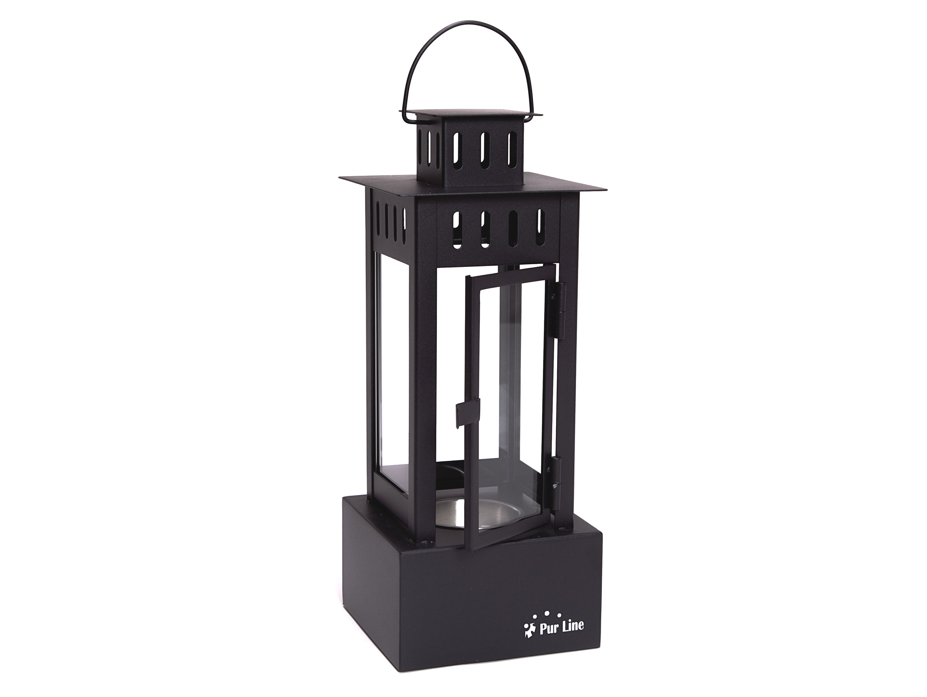 Linterna negra con puerta abierta, paneles de vidrio y base. La marca es visible en la base.