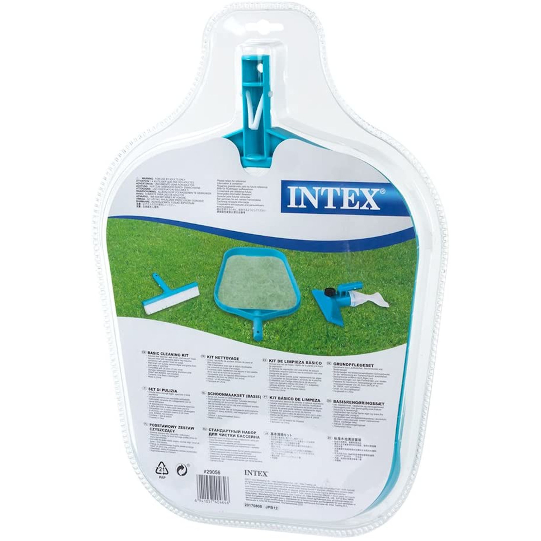 Intex Poolreiniger-Set in Verpackung, mit Bürste, Netz und anderen Reinigungswerkzeugen.