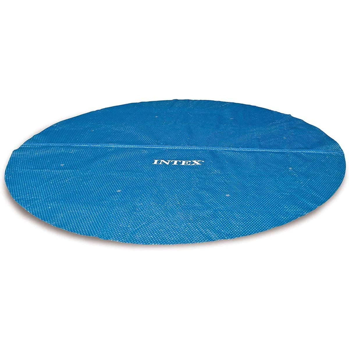 Blaue ovale Poolabdeckung mit weißem Text 'INTEX'.
