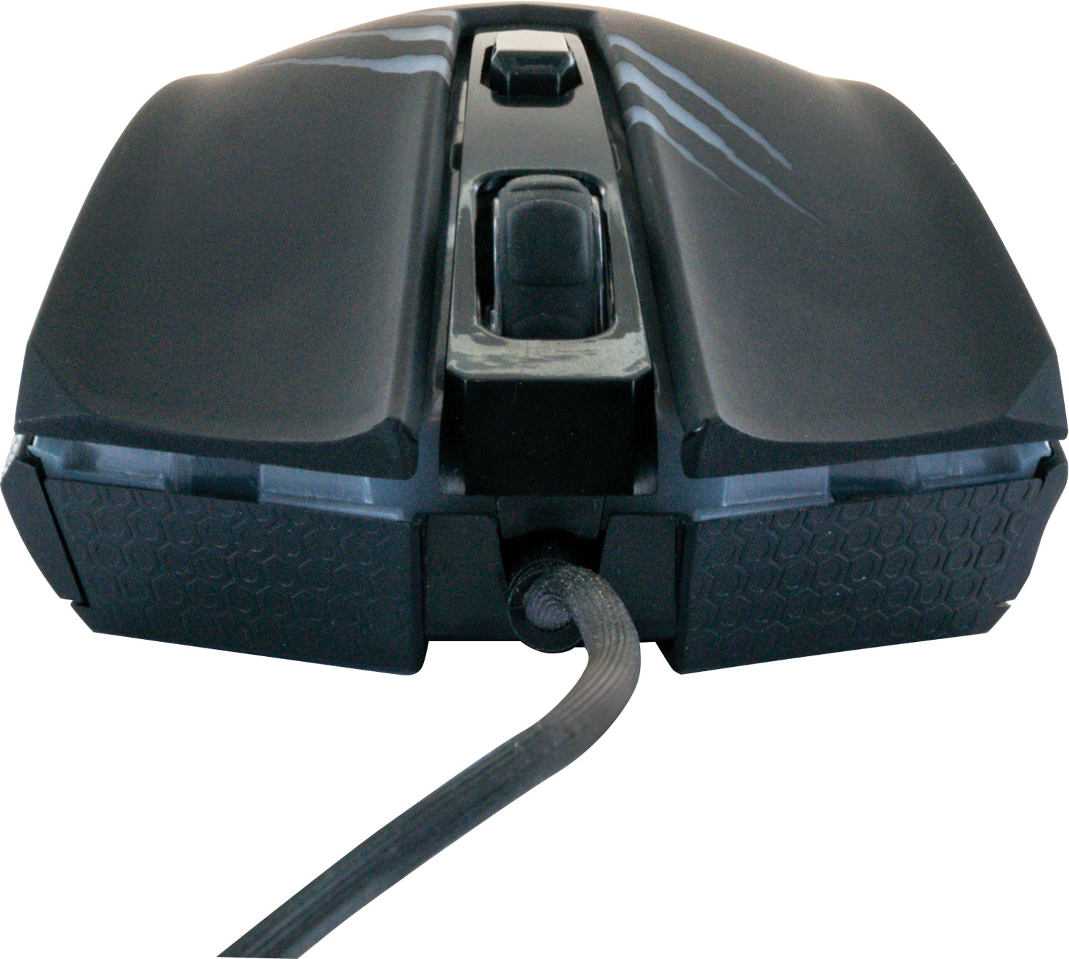 Schwarze Gaming-Maus, Draufsicht, zeigt Tasten, Scrollrad und Kabel.