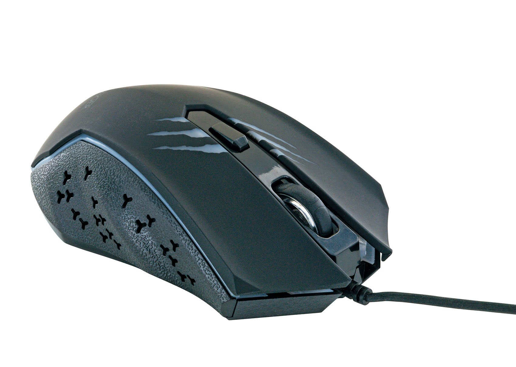 Schwarze Gaming-Maus. Die Maus hat eine strukturierte Seite und ein Scrollrad. Weißer Hintergrund.
