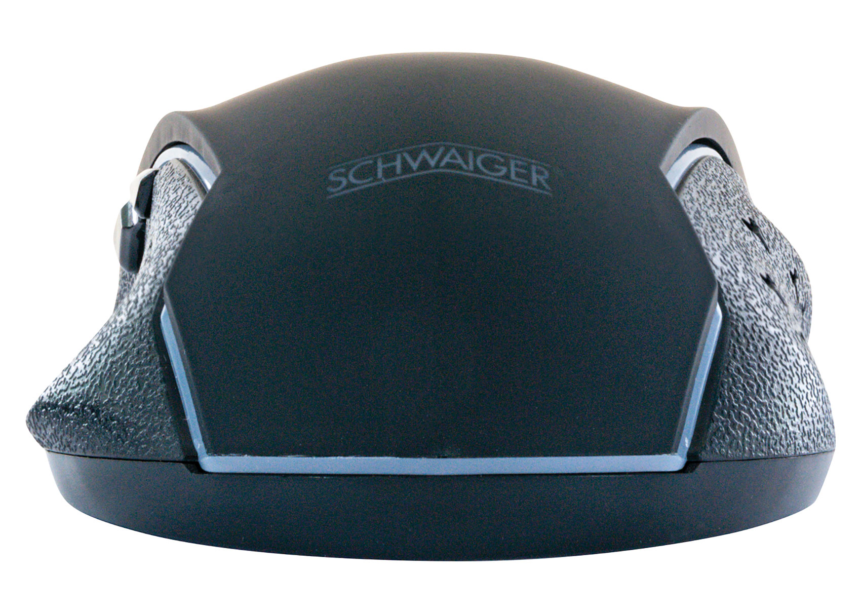 Schwarze Computermaus. Auf der Oberseite steht der Markenname SCHWAIGER.
