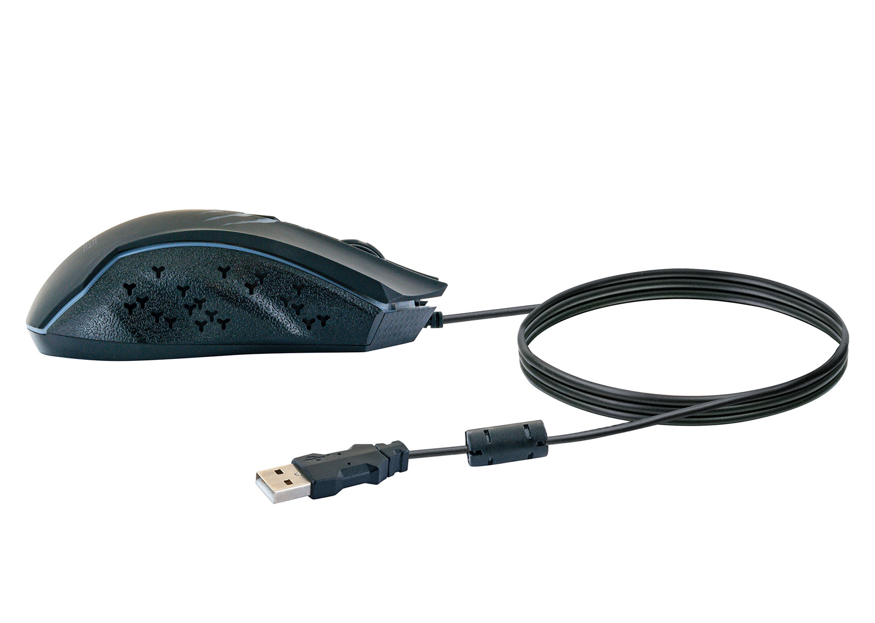 Schwarze Computermaus mit schwarzem Kabel. USB-Anschluss ist sichtbar.