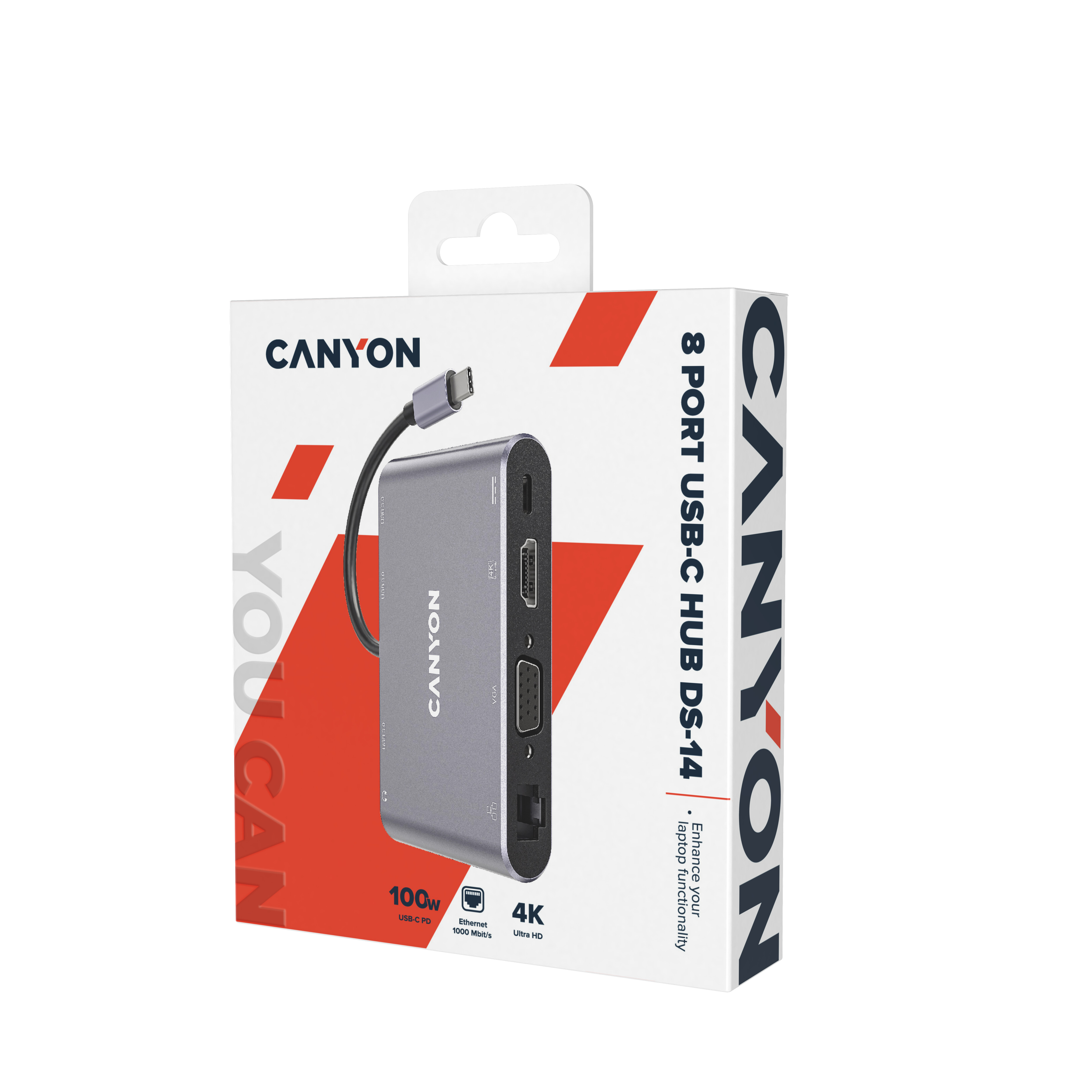 Pudełko Canyon USB hub. Hub jest srebrny, z widocznymi portami. Pudełko jest biało-czerwone.
