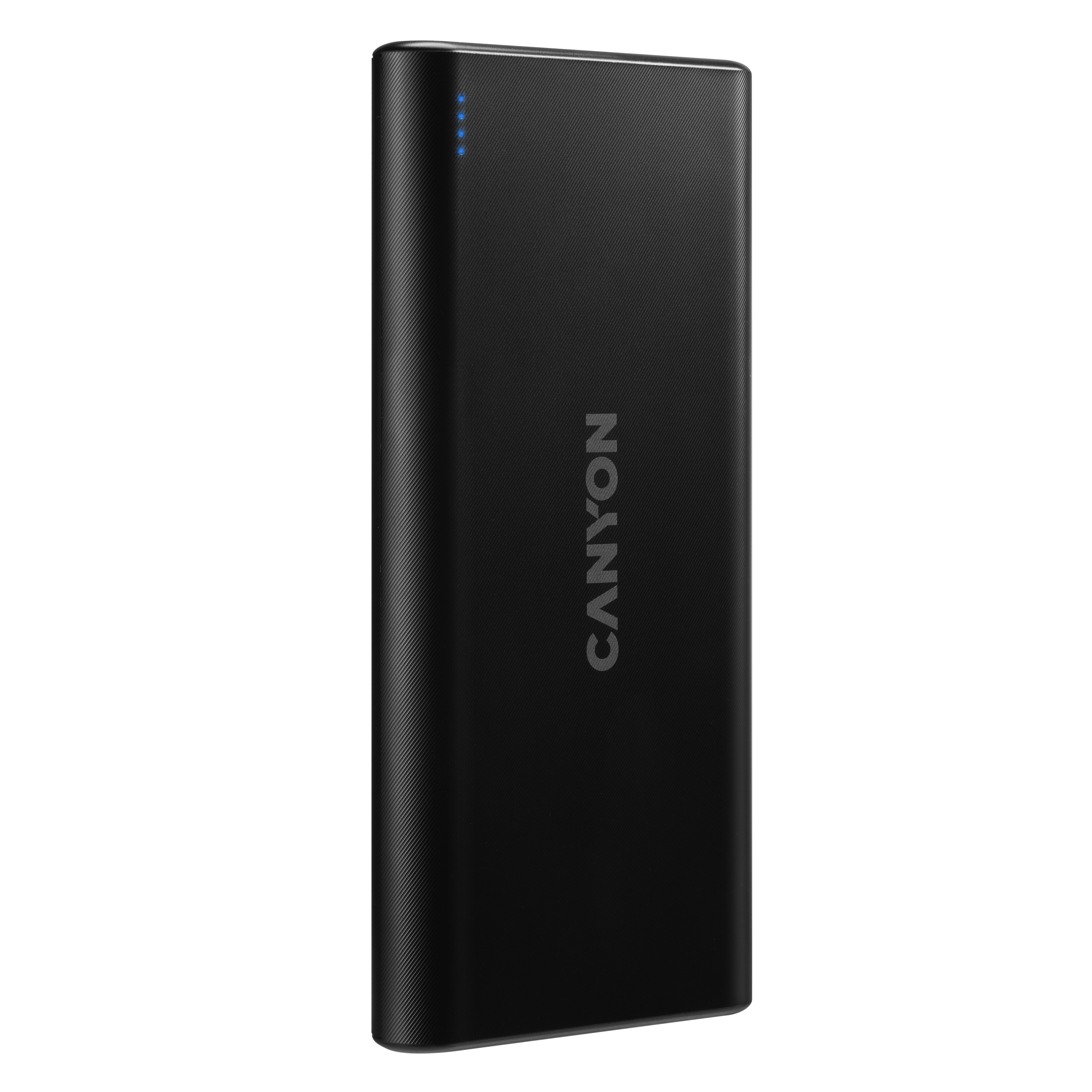 Un banco de energía rectangular negro con la palabra CANYON impresa en blanco verticalmente en el dispositivo.