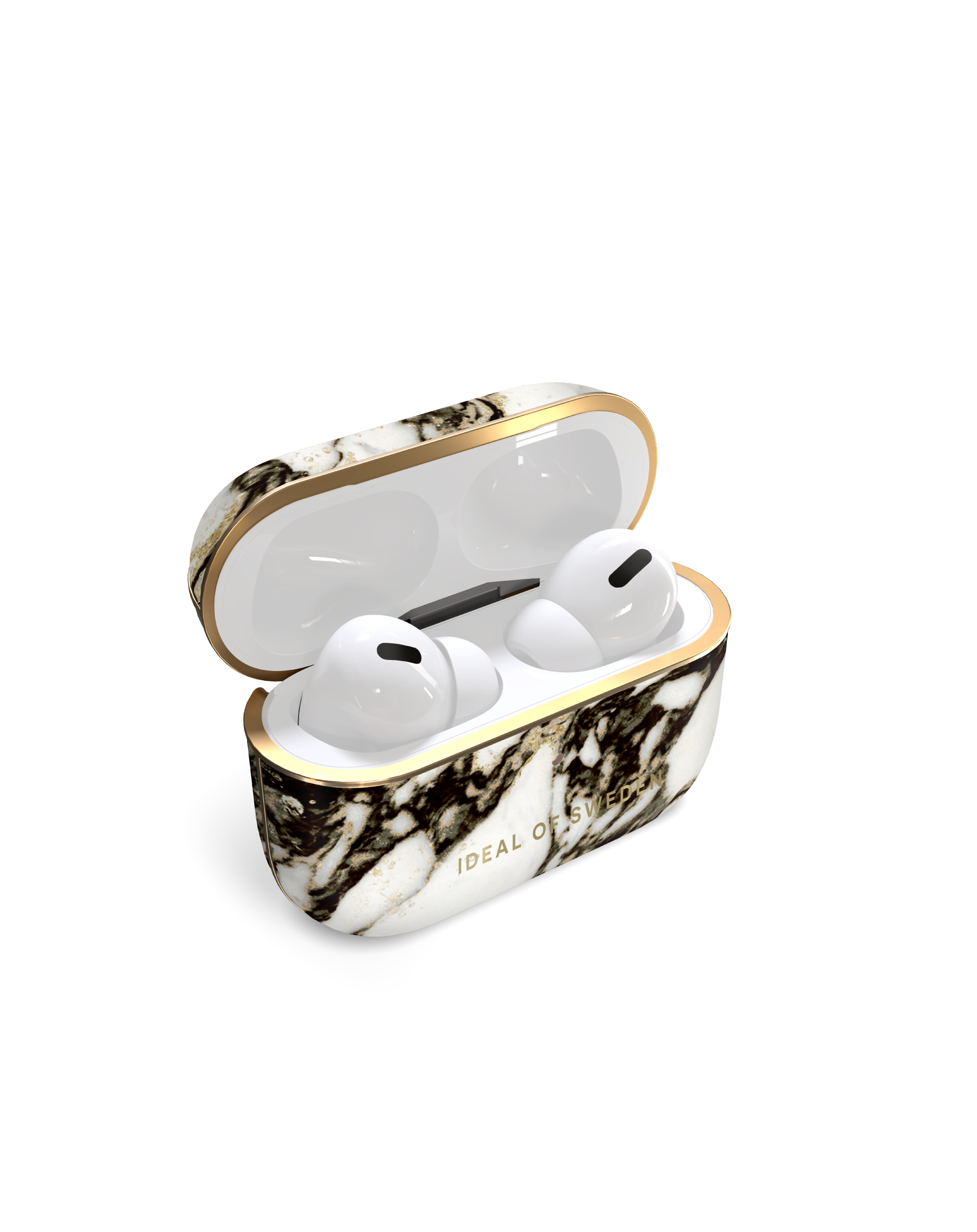 Estuche de auriculares abierto con dos auriculares blancos dentro, borde dorado.