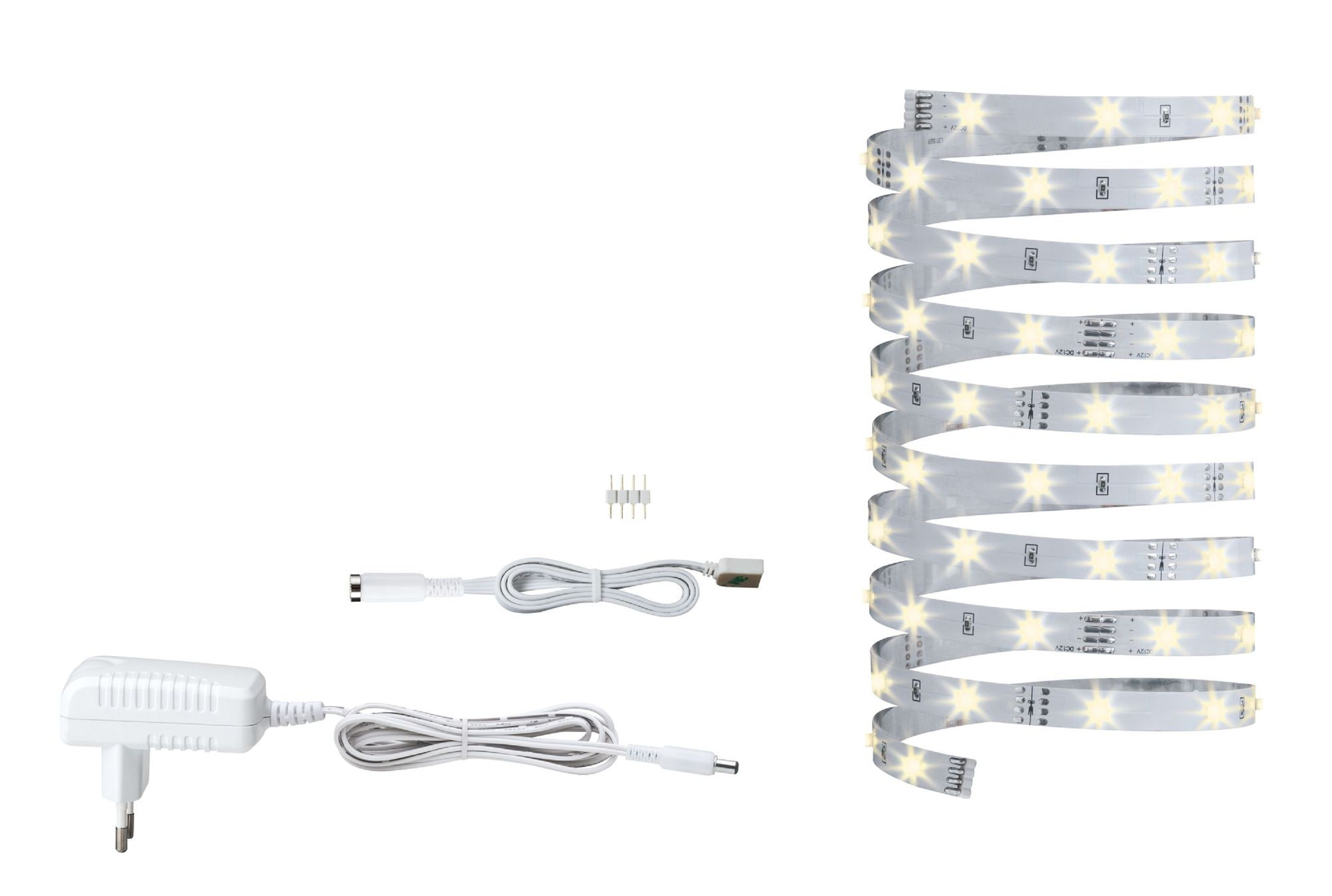 LED-Streifen mit Netzteil, Kabel und Stecker, alles auf weißem Hintergrund.